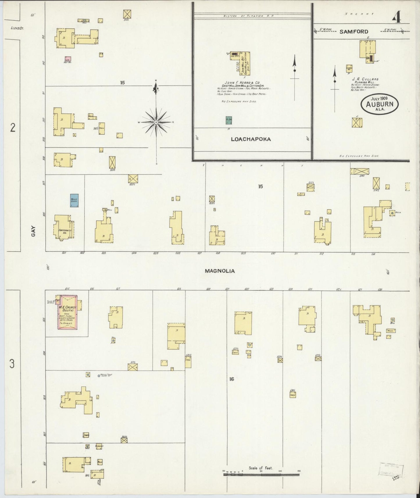 Sanborn Fire Insurance Map from Auburn, Lee County, Alabama (1909), Sheet #0004 - Historic Sanborn Fire Insurance Map Print, vintage old map wall art, antique decor, genealogy gift, Alabama Alabama map