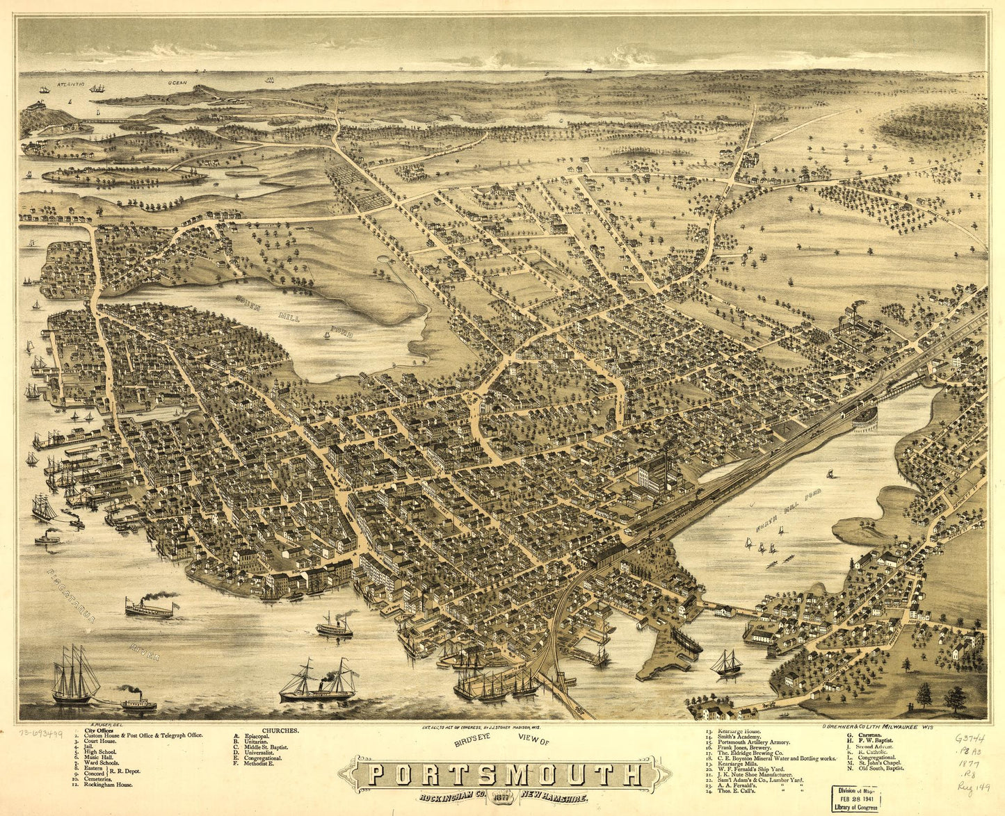 Bird's eye view of Portsmouth, Rockingham Co., New Hampshire 1877. (1877) – Historic Bird’s-Eye View Panorama Print