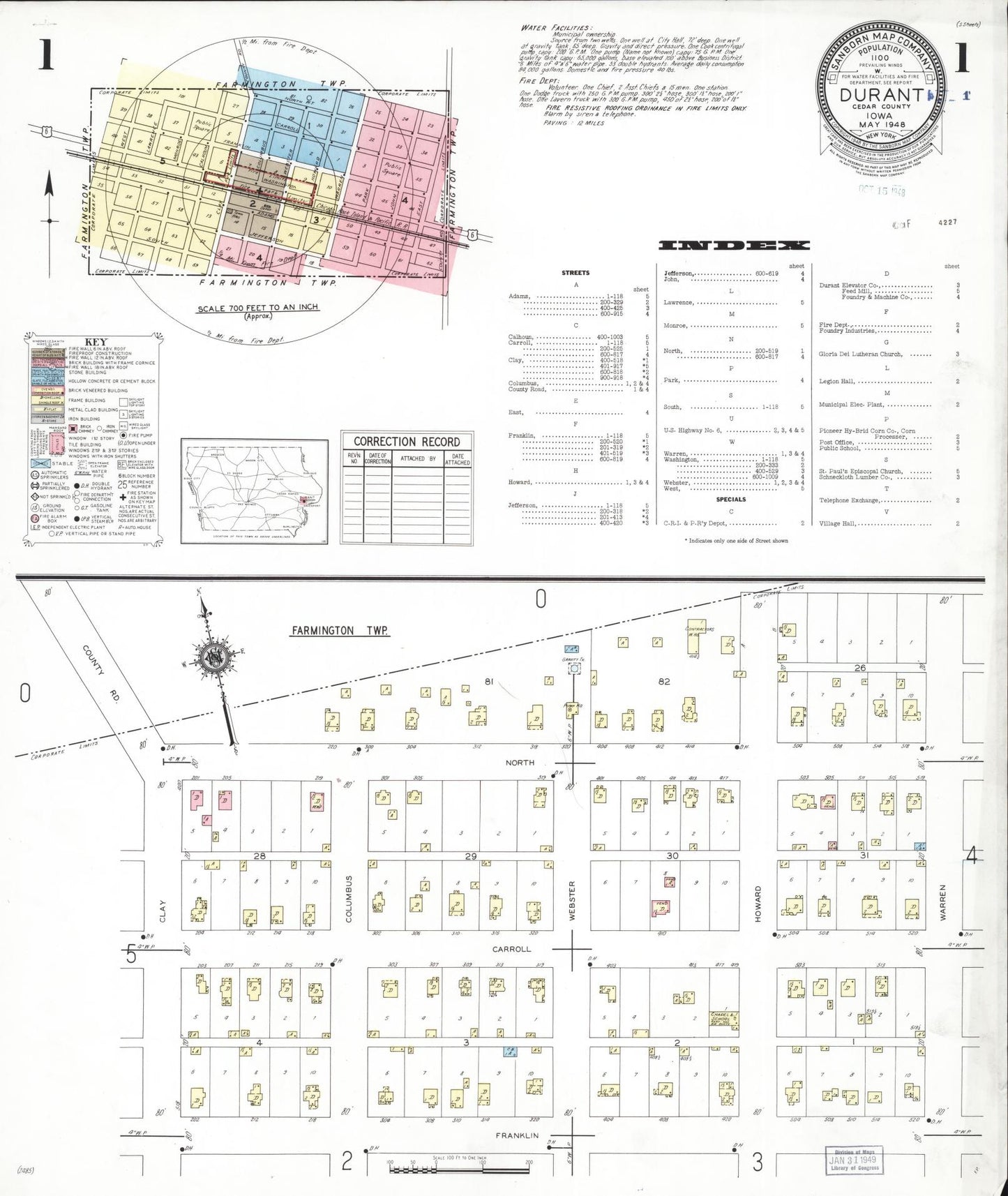 Sanborn Fire Insurance Map from Durant, Cedar County, Iowa (1948), Sheet #0001 - Historic Sanborn Fire Insurance Map Print, vintage old map wall art