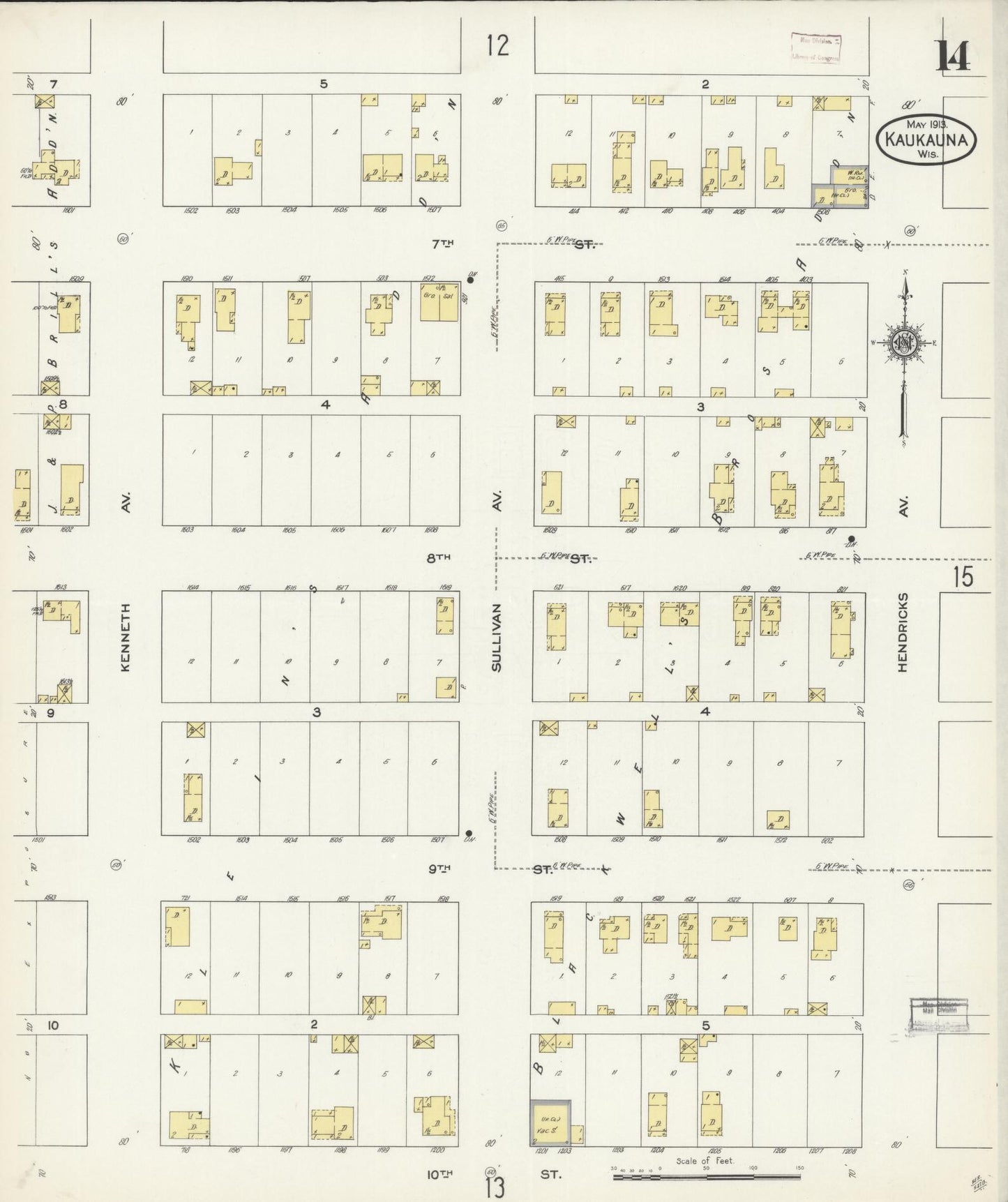 Sanborn Fire Insurance Map from Kaukauna, Outagamie County, Wisconsin (1913), Sheet #0014 - Historic Sanborn Fire Insurance Map Print, vintage old map wall art, antique decor, genealogy gift, Wisconsin Wisconsin map