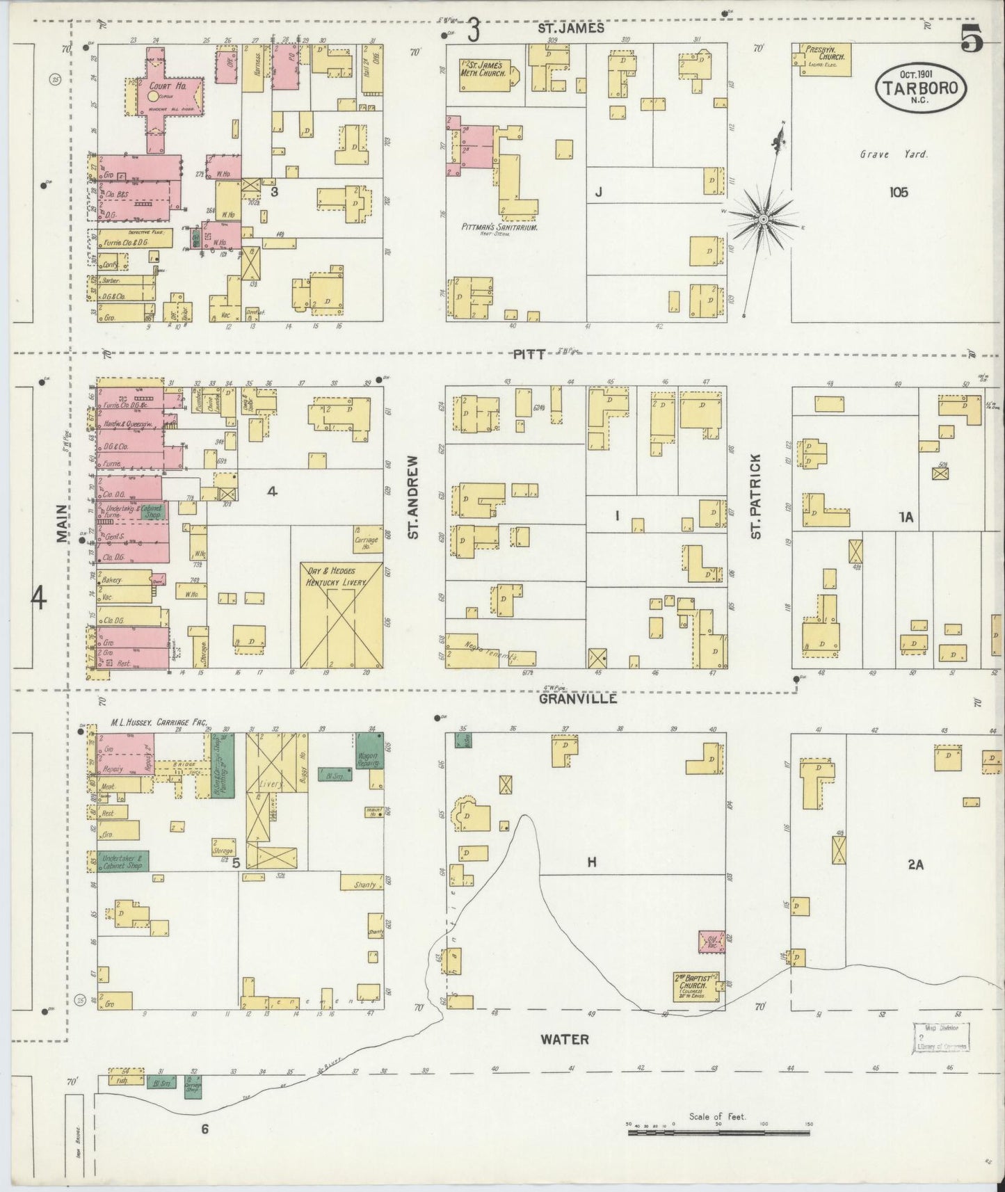 Sanborn Fire Insurance Map from Tarboro, Edgecombe County, North Carolina (1901), Sheet #0005 - Historic Sanborn Fire Insurance Map Print, vintage old map wall art, antique decor, genealogy gift, North Carolina North Carolina map
