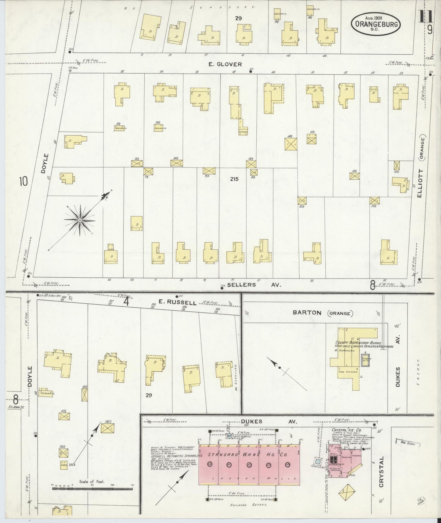 Sanborn Fire Insurance Map from Orangeburg, Orangeburg County, South Carolina (1909), Sheet #0011 - Complete Map Set gallery image, historic Sanborn map, vintage wall art, South Carolina South Carolina