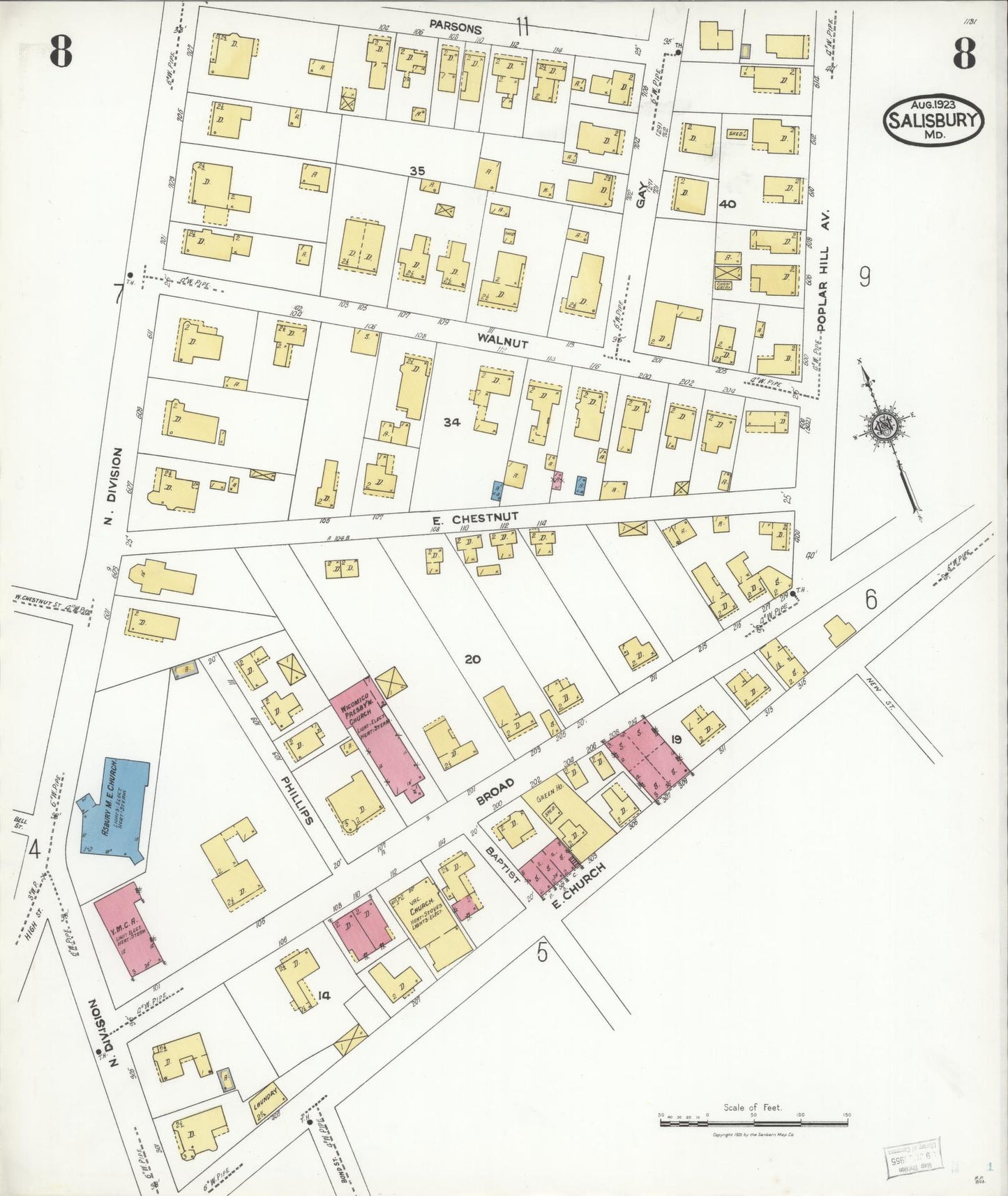 Sanborn Fire Insurance Map from Salisbury, Wicomico County, Maryland (1923), Sheet #0008 - Historic Sanborn Fire Insurance Map Print, vintage old map wall art