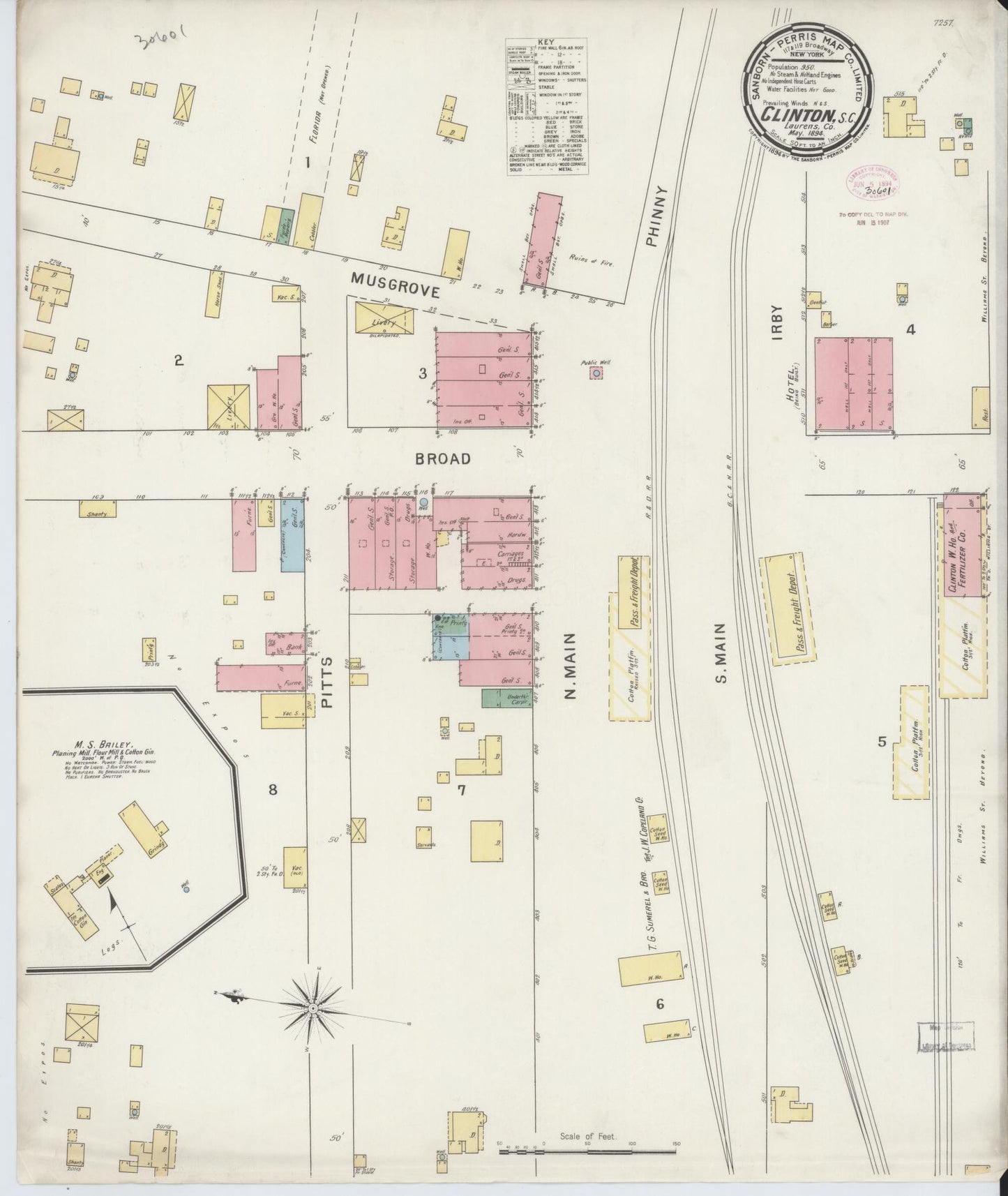 Sanborn Fire Insurance Map from Clinton, Laurens County, South Carolina (1894), Sheet #0001 - Historic Sanborn Fire Insurance Map Print, vintage old map wall art, antique decor, genealogy gift, South Carolina South Carolina map
