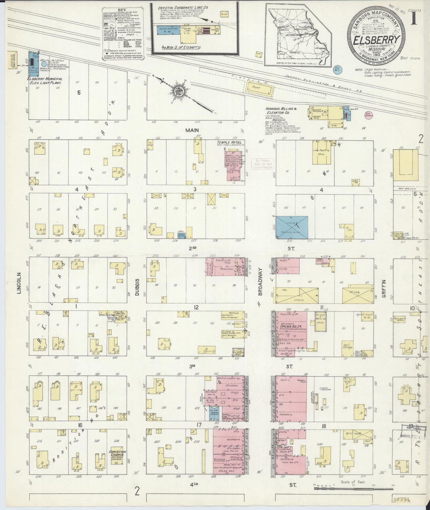 Sanborn Fire Insurance Map from Elsberry, Lincoln County, Missouri (1913), Sheet #0001 - Historic Sanborn Fire Insurance Map Print, vintage old map wall art, antique decor, genealogy gift, Missouri Missouri map