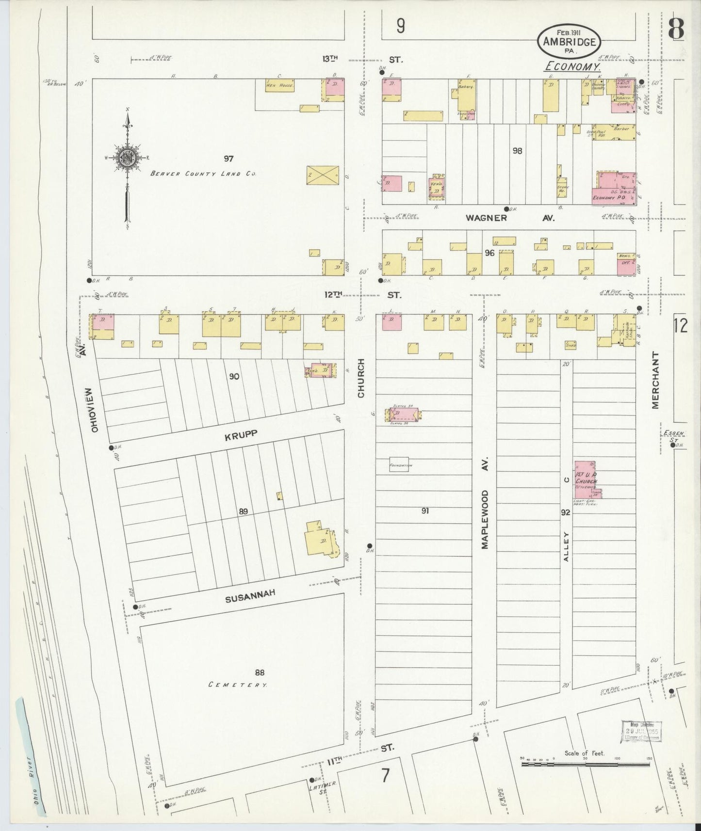 Sanborn Fire Insurance Map from Ambridge, Beaver County, Pennsylvania (1911), Sheet #0008 - Historic Sanborn Fire Insurance Map Print, vintage old map wall art, antique decor, genealogy gift, Pennsylvania Pennsylvania map