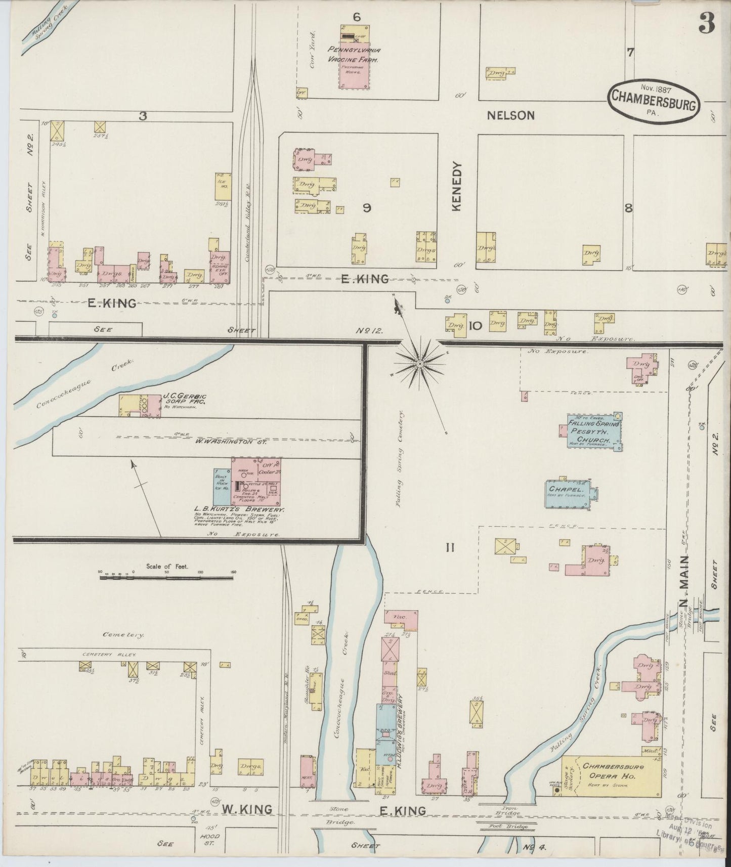 Sanborn Fire Insurance Map from Chambersburg, Franklin County, Pennsylvania (1887), Sheet #0003 - Historic Sanborn Fire Insurance Map Print, vintage old map wall art, antique decor, genealogy gift, Pennsylvania Pennsylvania map