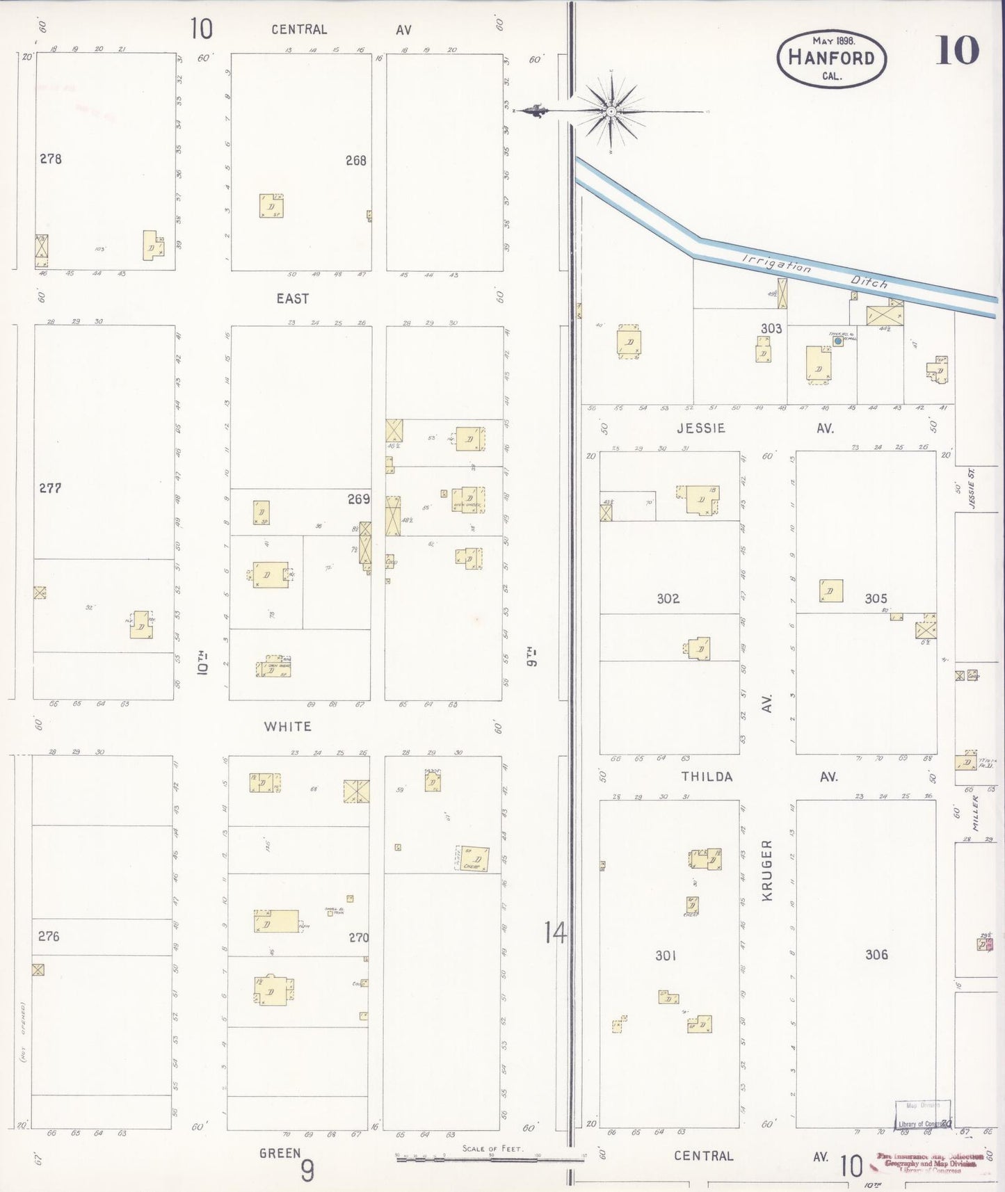 Sanborn Fire Insurance Map from Hanford, Kings County, California (1898), Sheet #0010 - Historic Sanborn Fire Insurance Map Print, vintage old map wall art, antique decor, genealogy gift, California California map