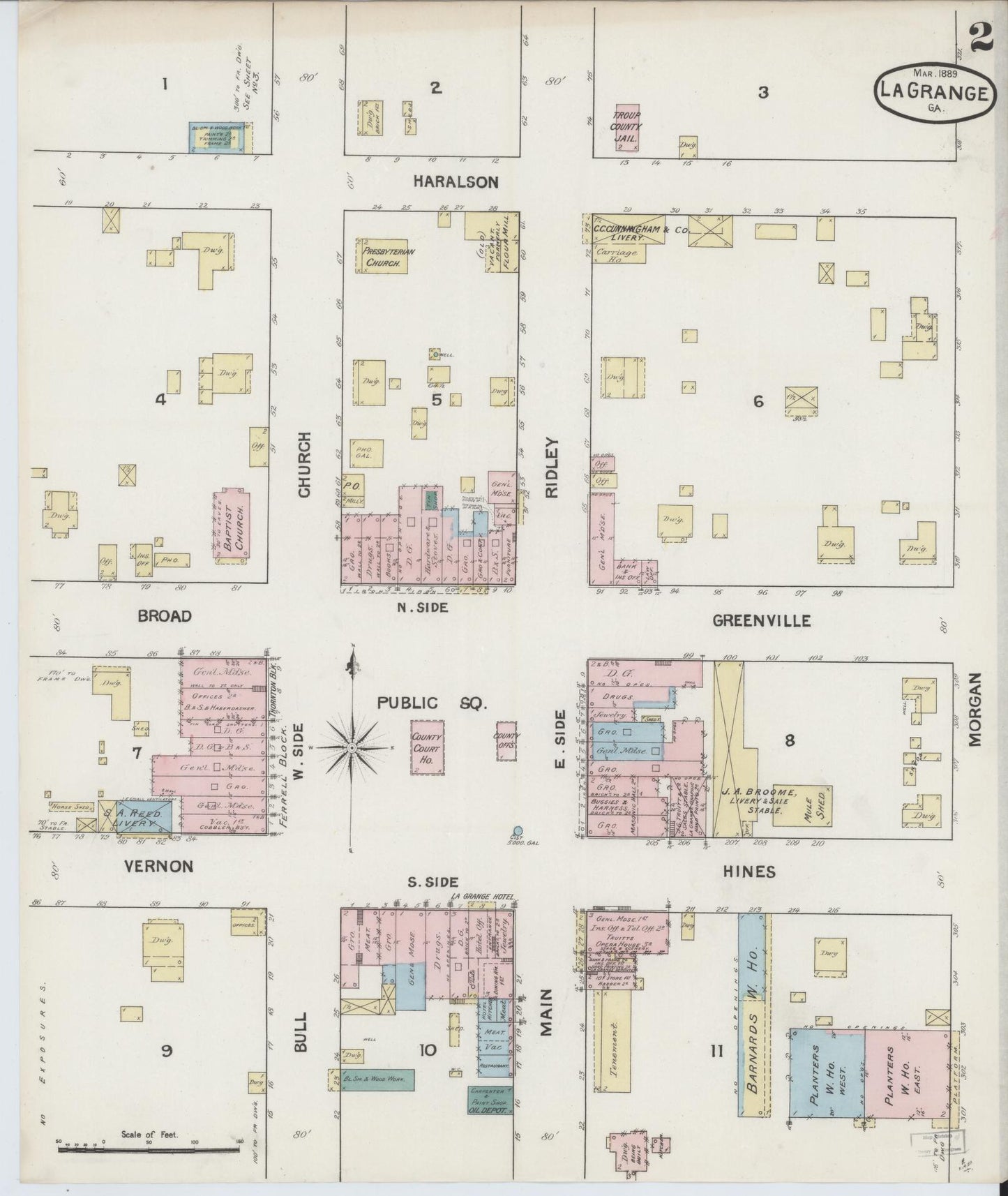 Sanborn Fire Insurance Map from La Grange, Troup County, Georgia (1889), Sheet #0002 - Historic Sanborn Fire Insurance Map Print, vintage old map wall art, antique decor, genealogy gift, Georgia Georgia map