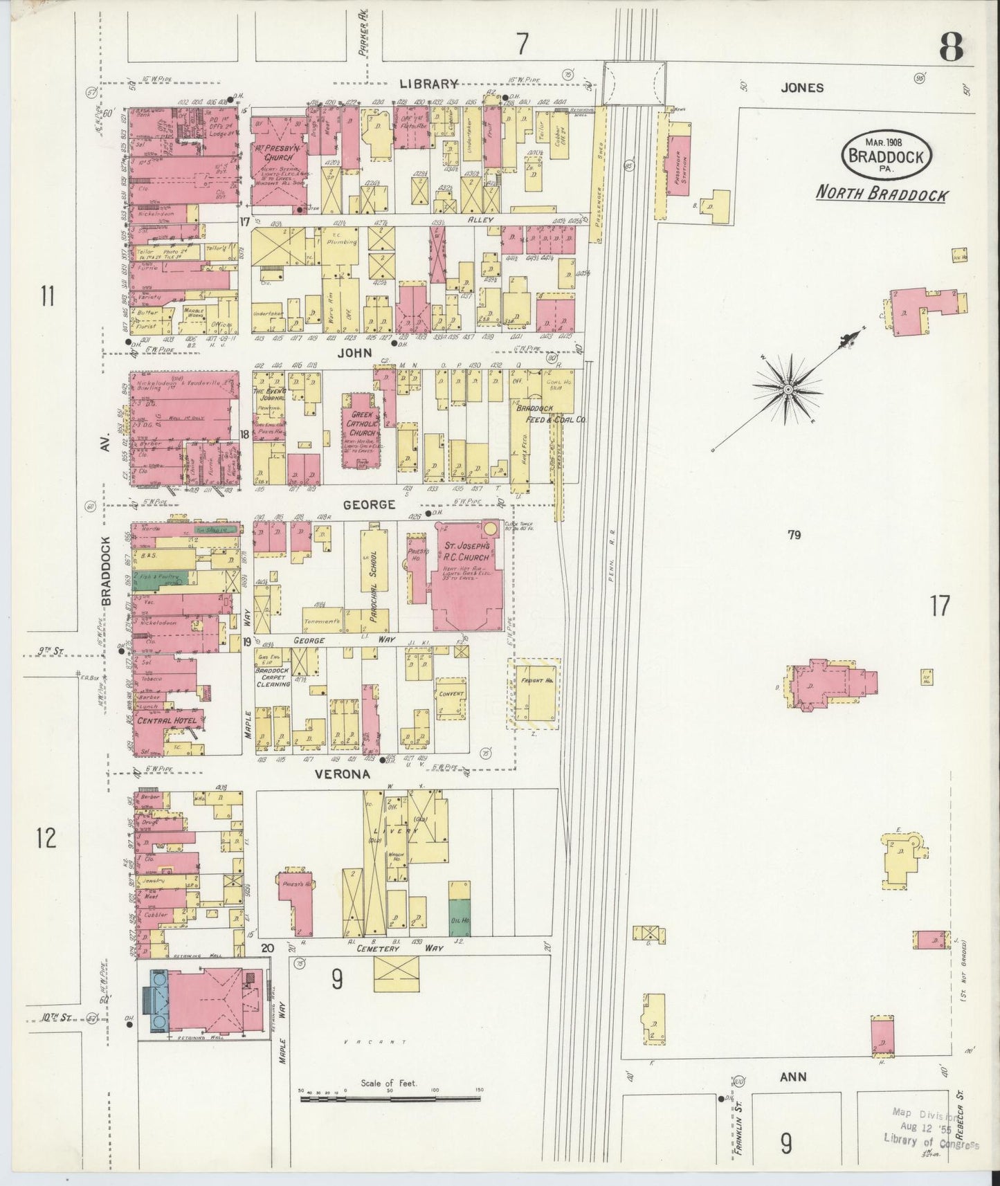 Sanborn Fire Insurance Map from Braddock, Allegheny County, Pennsylvania (1908), Sheet #0008 - Historic Sanborn Fire Insurance Map Print, vintage old map wall art, antique decor, genealogy gift, Pennsylvania Pennsylvania map