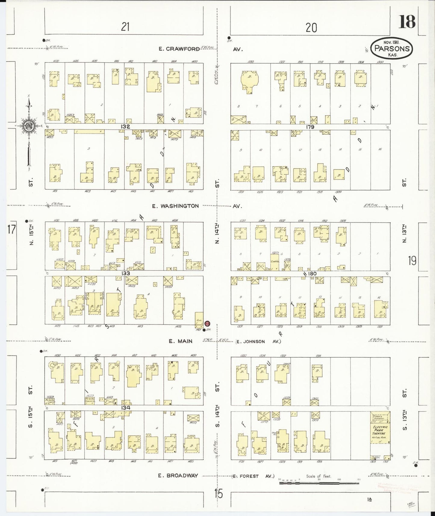 Sanborn Fire Insurance Map from Parsons, Labette County, Kansas (1911), Sheet #0018 - Historic Sanborn Fire Insurance Map Print, vintage old map wall art, antique decor, genealogy gift, Kansas Kansas map