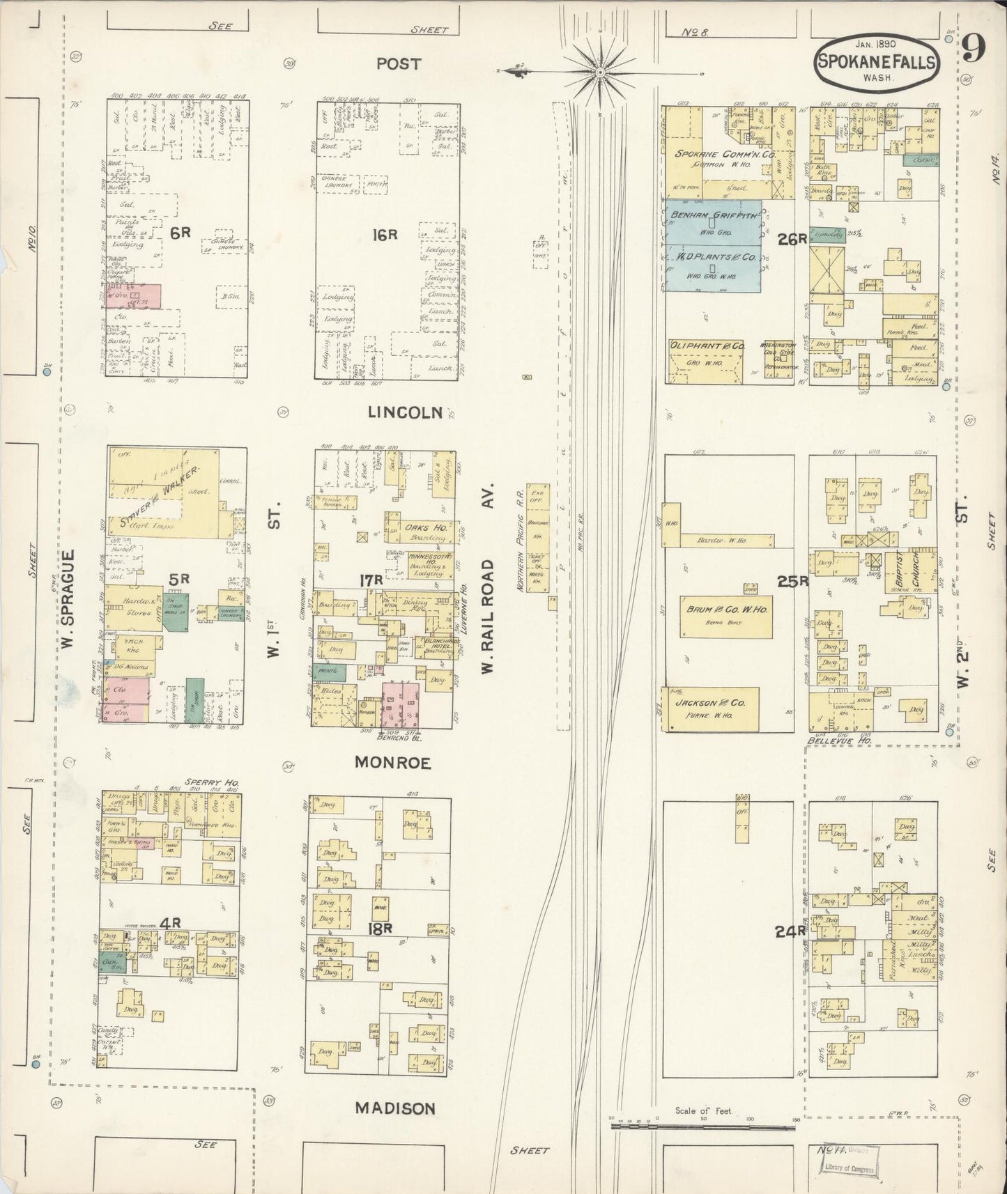 Sanborn Fire Insurance Map from Spokane, Spokane County, Washington (1890), Sheet #0009 - Historic Sanborn Fire Insurance Map Print, vintage old map wall art, antique decor, genealogy gift, Washington Washington map