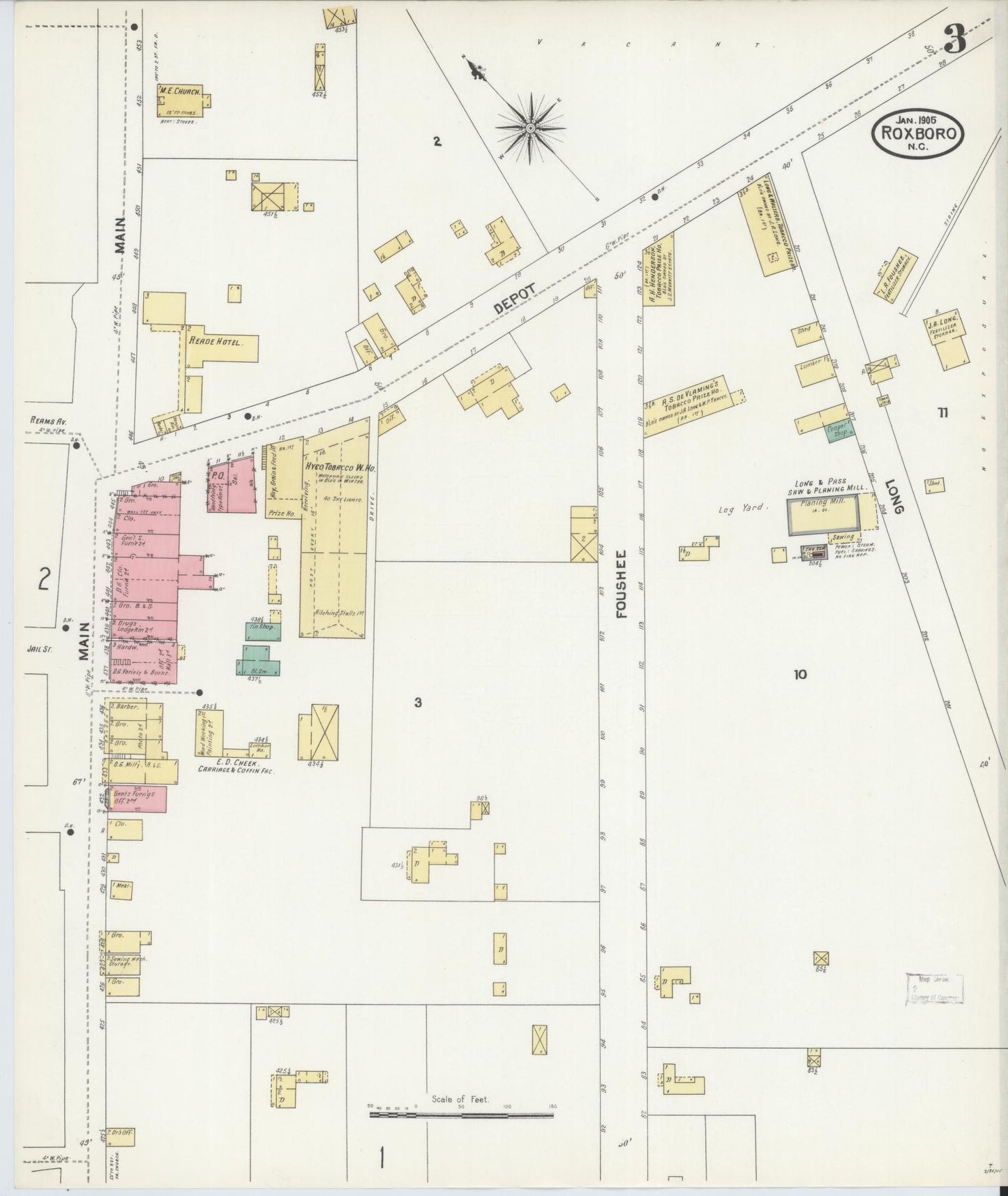 Sanborn Fire Insurance Map from Roxboro, Person County, North Carolina (1905), Sheet #0003 - Complete Map Set gallery image, historic Sanborn map, vintage wall art, North Carolina North Carolina