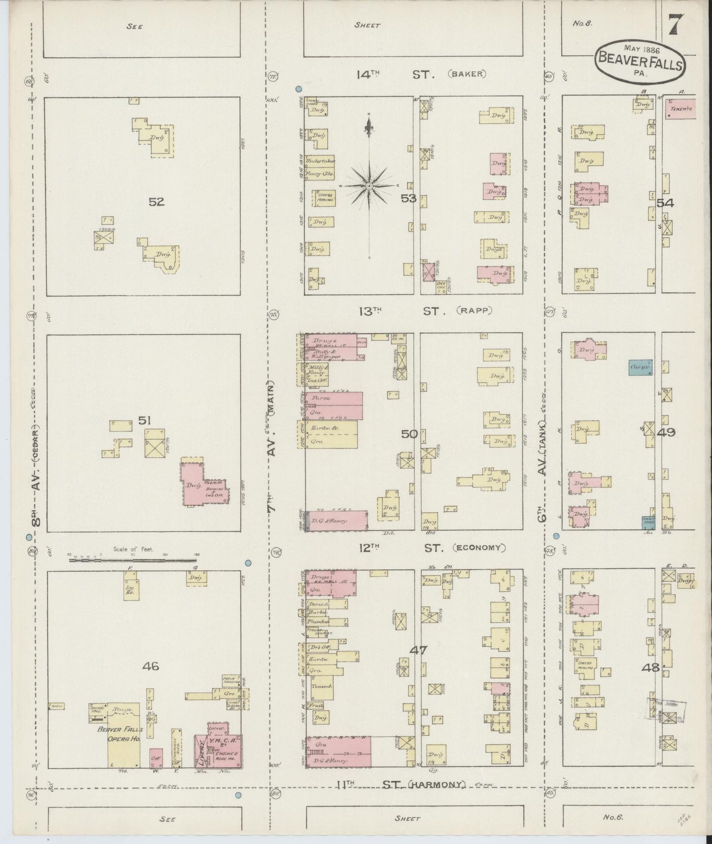 Sanborn Fire Insurance Map from Beaver Falls, Beaver County, Pennsylvania (1886), Sheet #0007 - Historic Sanborn Fire Insurance Map Print, vintage old map wall art, antique decor, genealogy gift, Pennsylvania Pennsylvania map