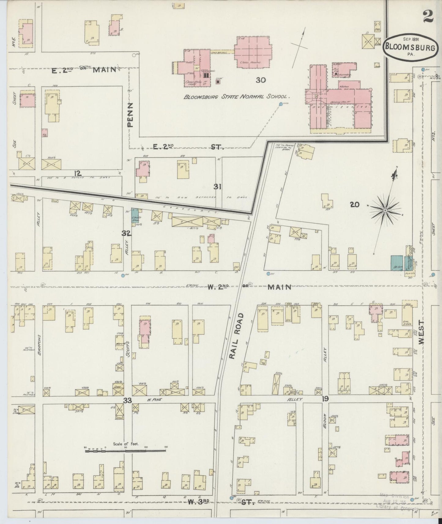 Sanborn Fire Insurance Map from Bloomsburg, Columbia County, Pennsylvania (1891), Sheet #0002 - Historic Sanborn Fire Insurance Map Print, vintage old map wall art, antique decor, genealogy gift, Pennsylvania Pennsylvania map