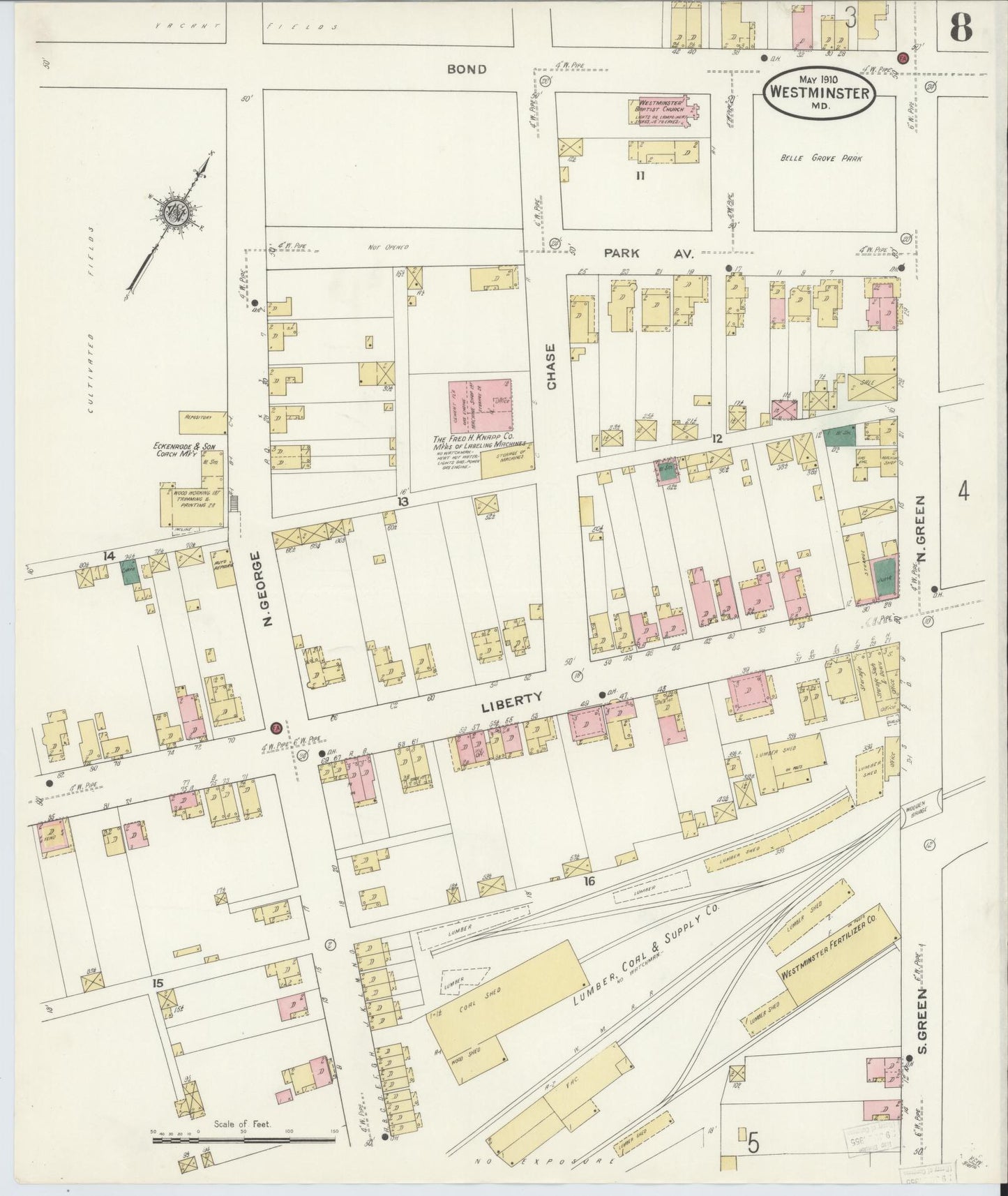 Carroll, Maryland - 1910 - Sanborn Fire Insurance Map, Sheet #0008 - Historic Sanborn Fire Insurance Map Print, Carroll Maryland 1910 0008 vintage old map wall art