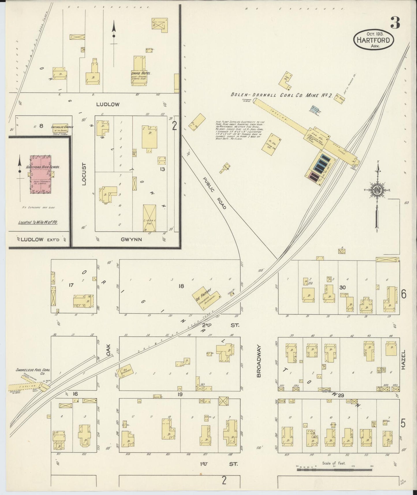 Sanborn Fire Insurance Map from Hartford, Sebastian County, Arkansas (1913), Sheet #0003 - Historic Sanborn Fire Insurance Map Print, vintage old map wall art, antique decor, genealogy gift, Arkansas Arkansas map
