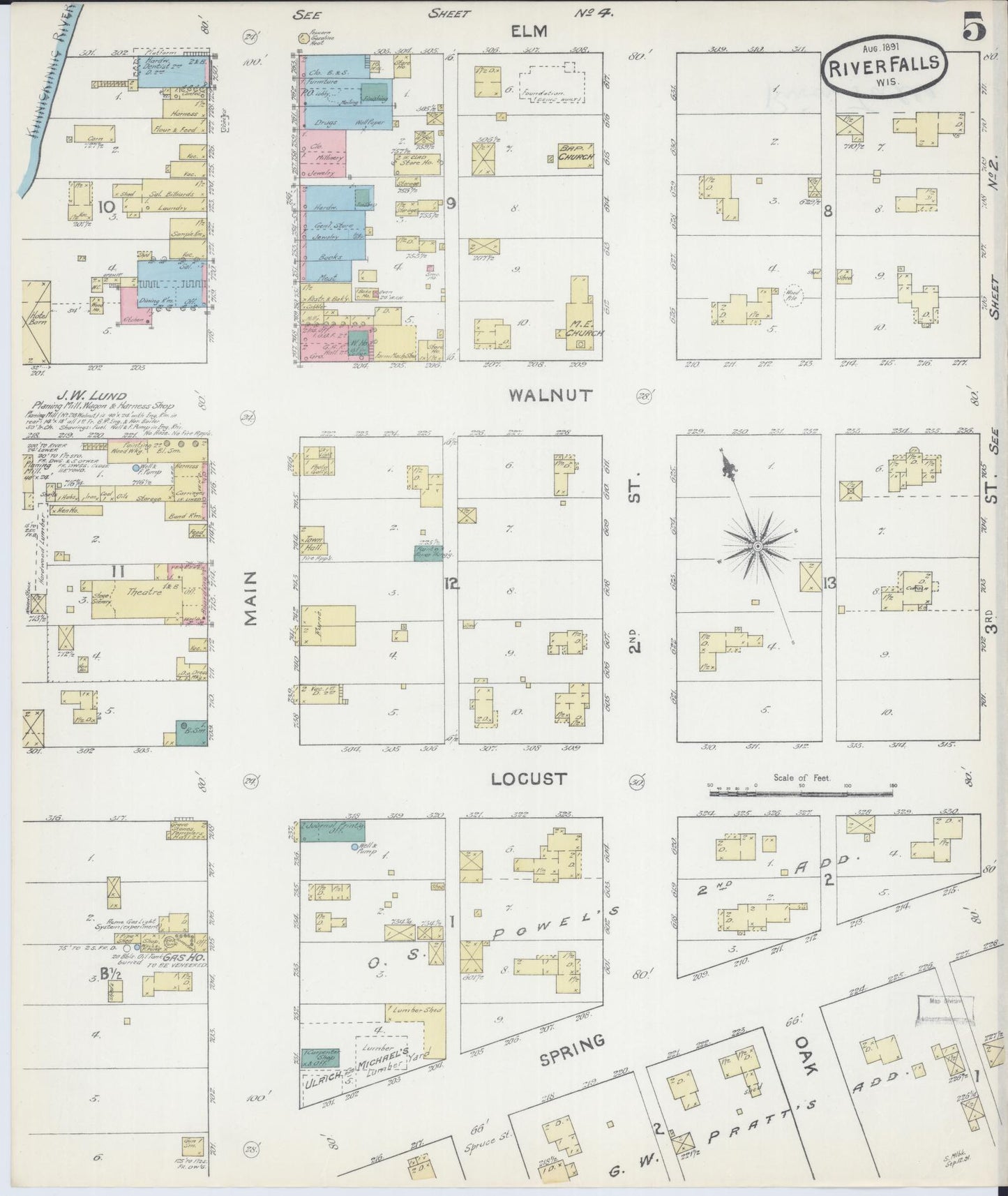 Sanborn Fire Insurance Map from River Falls, St. Croix and Pierce Counties, Wisconsin (1891), Sheet #0005 - Complete Map Set gallery image, historic Sanborn map, vintage wall art, Wisconsin Wisconsin