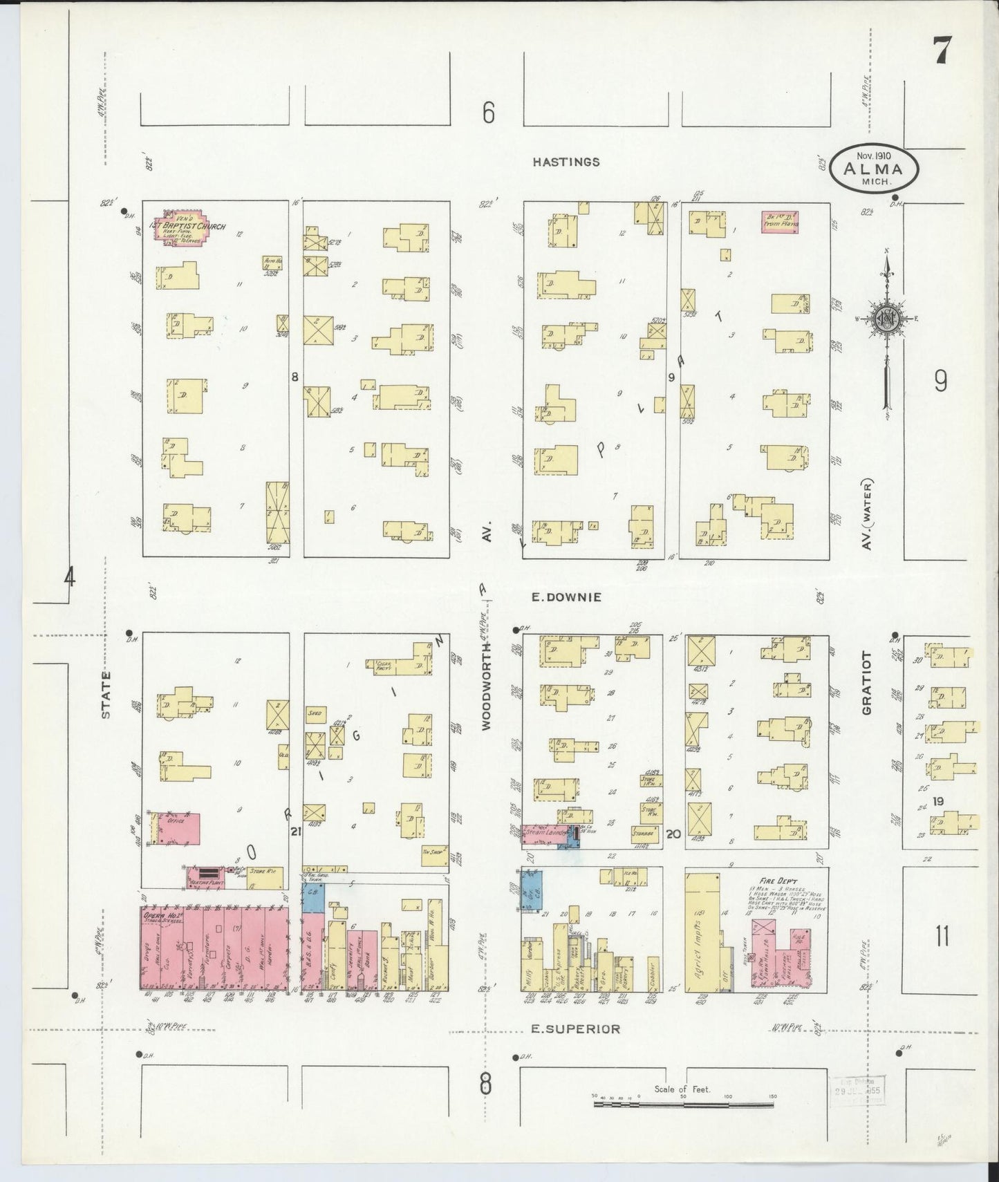 Sanborn Fire Insurance Map from Alma, Gratiot County, Michigan (1910), Sheet #0007 - Historic Sanborn Fire Insurance Map Print, vintage old map wall art, antique decor, genealogy gift, Michigan Michigan map