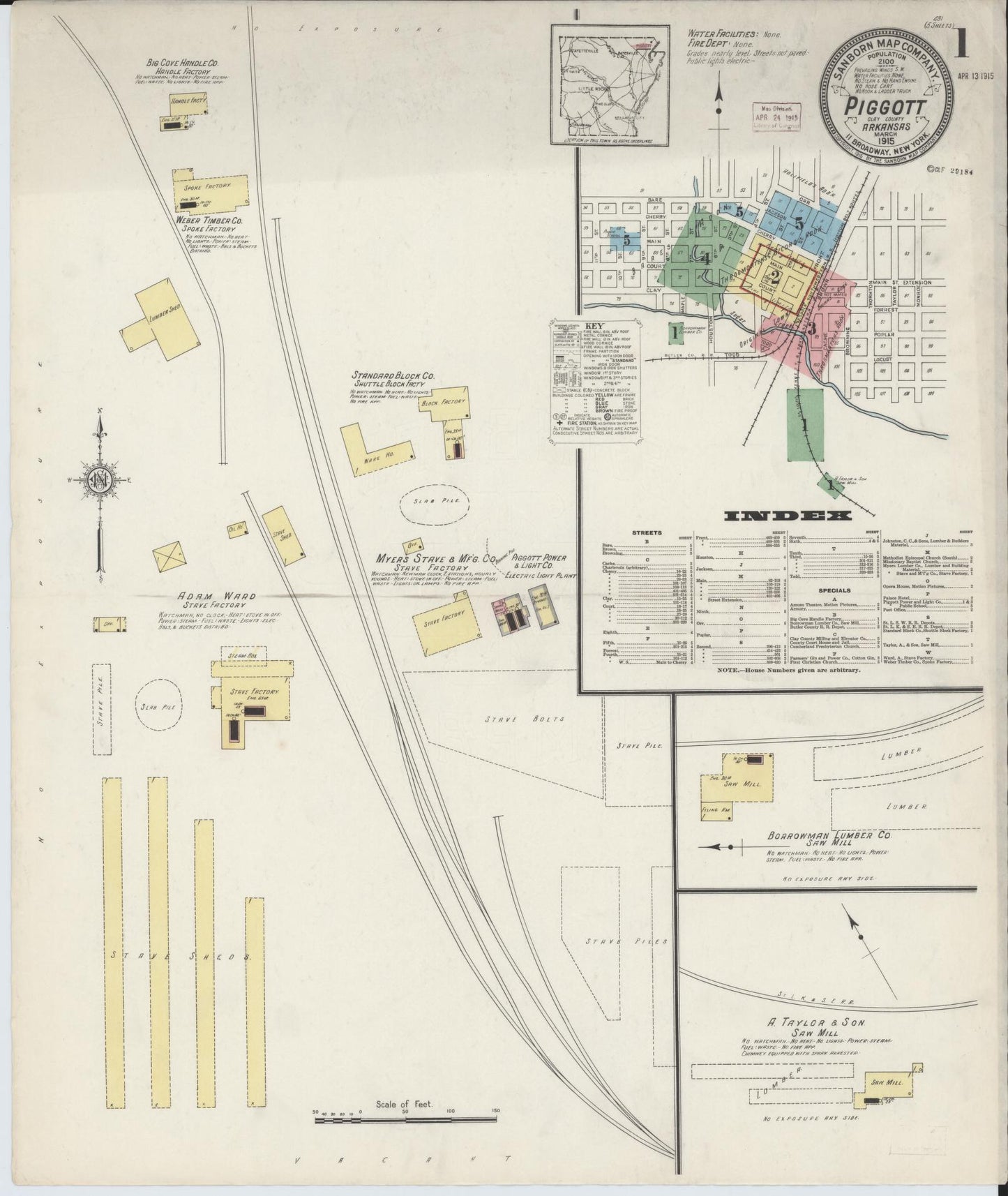 Sanborn Fire Insurance Map from Piggott, Clay County, Arkansas (1915), Sheet #0001 - Historic Sanborn Fire Insurance Map Print, vintage old map wall art, antique decor, genealogy gift, Arkansas Arkansas map