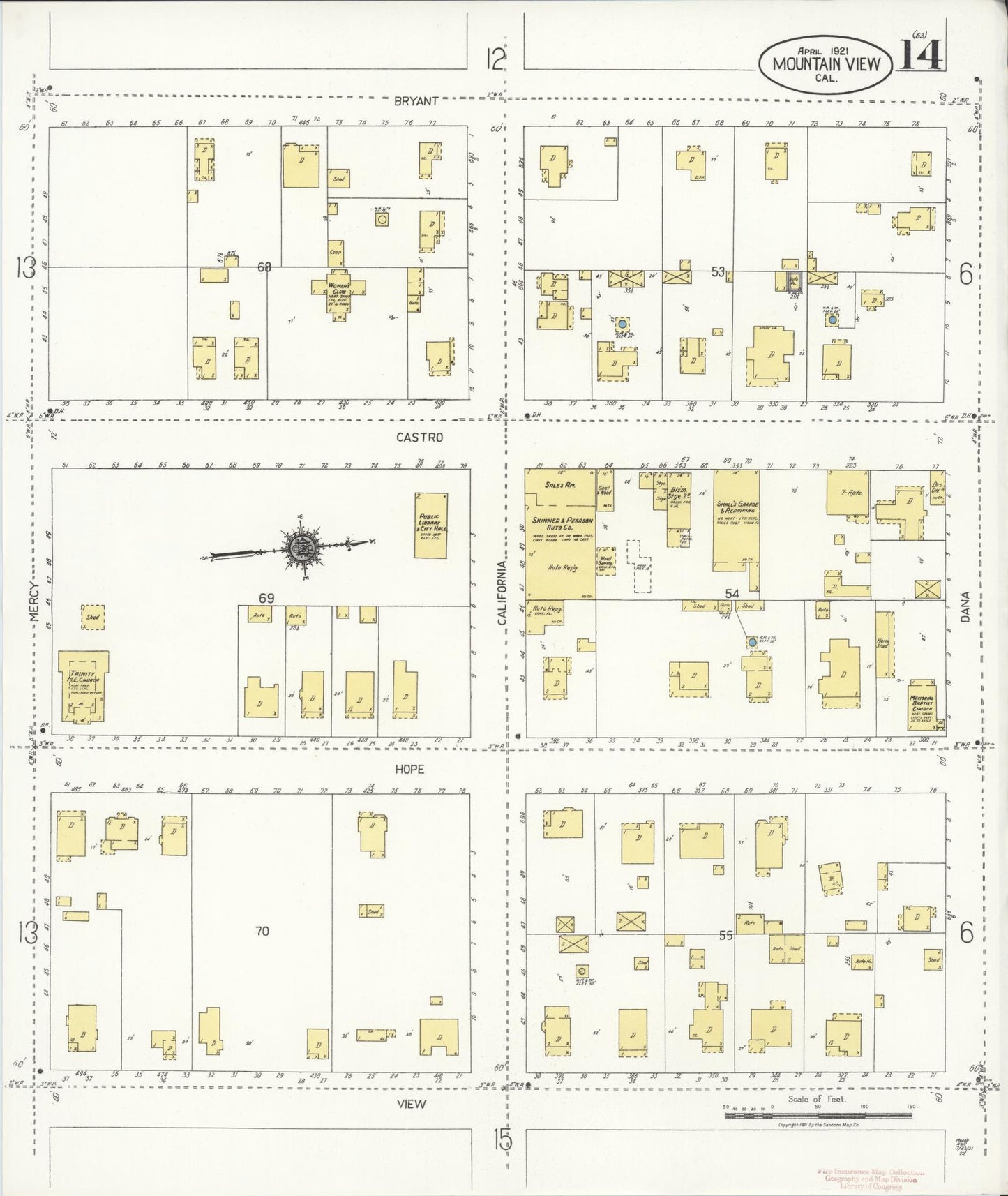Sanborn Fire Insurance Map from Mountain View, Santa Clara County, California (1921), Sheet #0014 - Historic Sanborn Fire Insurance Map Print, vintage old map wall art, antique decor, genealogy gift, California California map