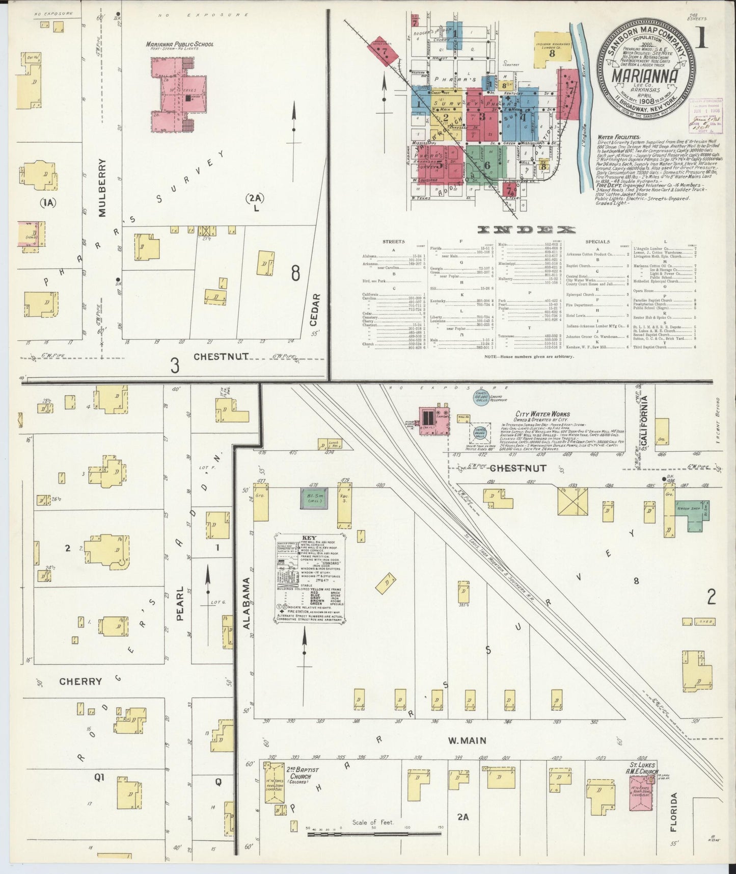 Sanborn Fire Insurance Map from Marianna, Lee County, Arkansas (1908), Sheet #0001 - Historic Sanborn Fire Insurance Map Print, vintage old map wall art, antique decor, genealogy gift, Arkansas Arkansas map