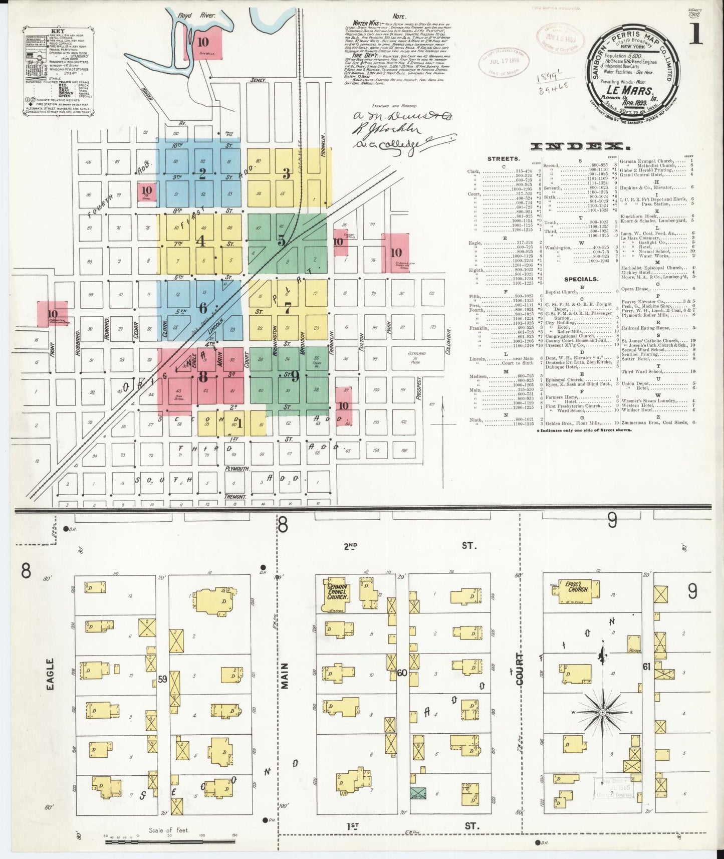 Sanborn Fire Insurance Map from Le Mars, Plymouth County, Iowa (1899), Sheet #0001 - Historic Sanborn Fire Insurance Map Print, vintage old map wall art