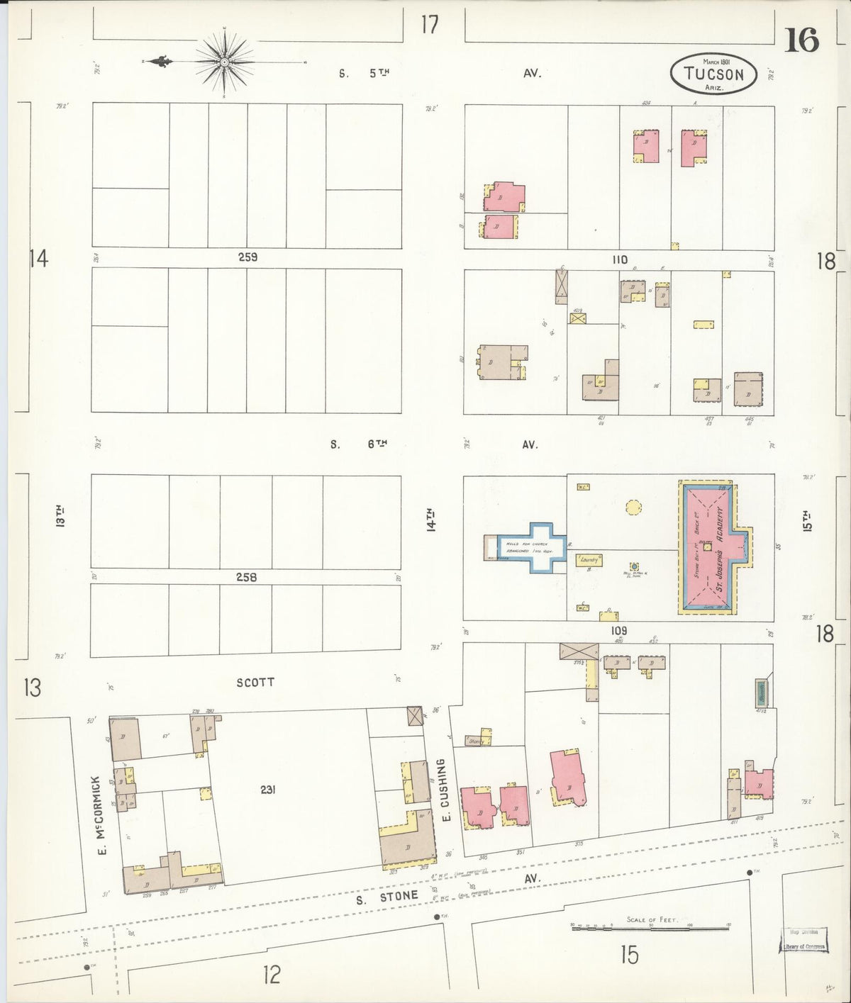 Sanborn Fire Insurance Map from Tucson, Pima County, Arizona (1901), Sheet #0016 - Historic Sanborn Fire Insurance Map Print, vintage old map wall art, antique decor, genealogy gift, Arizona Arizona map