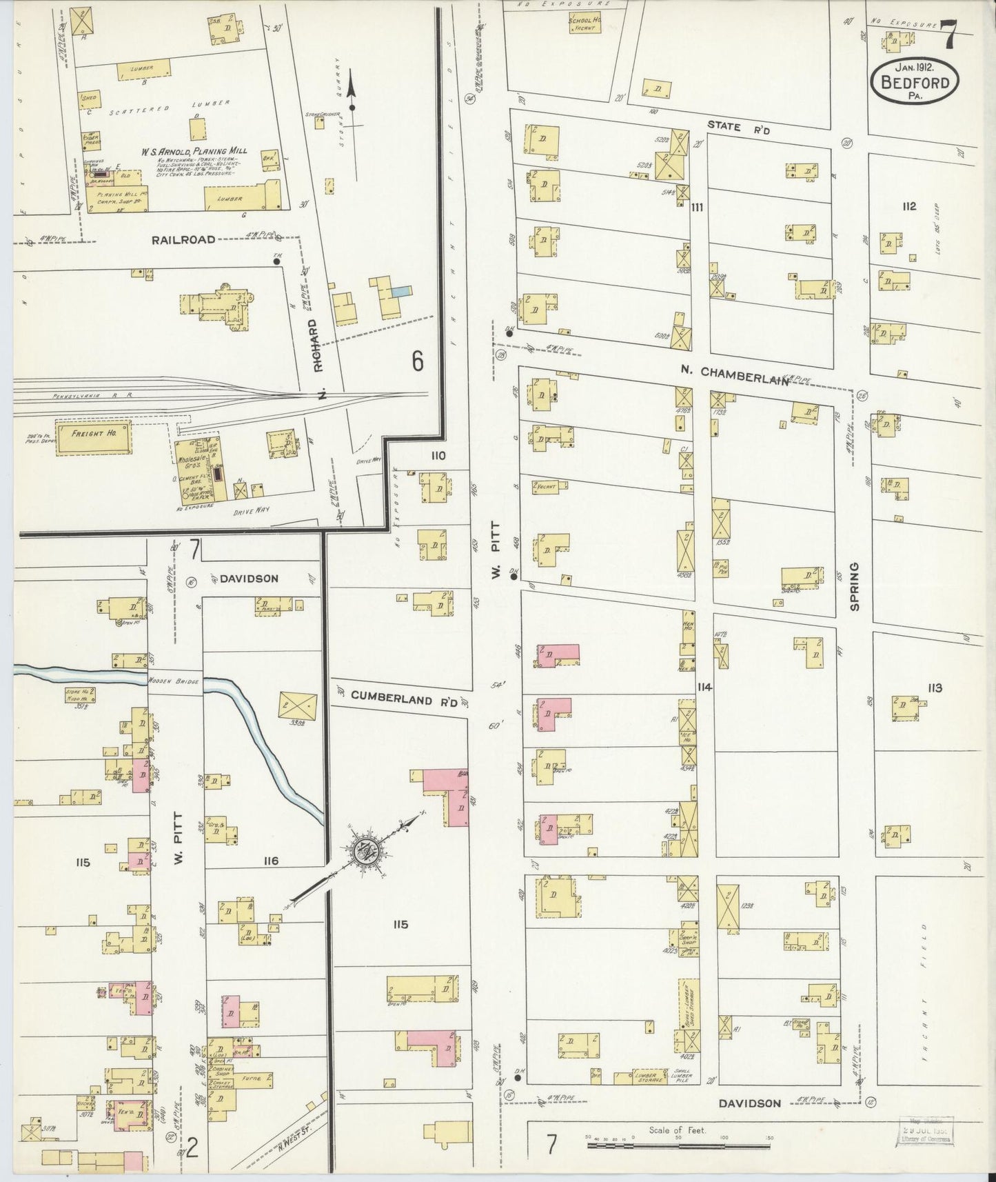 Sanborn Fire Insurance Map from Bedford, Bedford County, Pennsylvania (1912), Sheet #0007 - Historic Sanborn Fire Insurance Map Print, vintage old map wall art, antique decor, genealogy gift, Pennsylvania Pennsylvania map