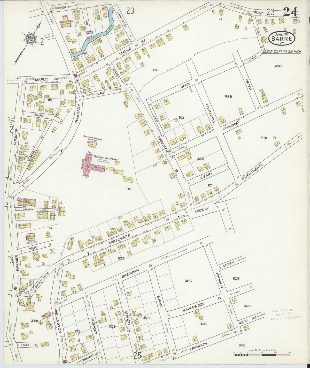 Sanborn Fire Insurance Map from Barre, Washington County, Vermont (1916), Sheet #0024 - Historic Sanborn Fire Insurance Map Print, vintage old map wall art, antique decor, genealogy gift, Vermont Vermont map