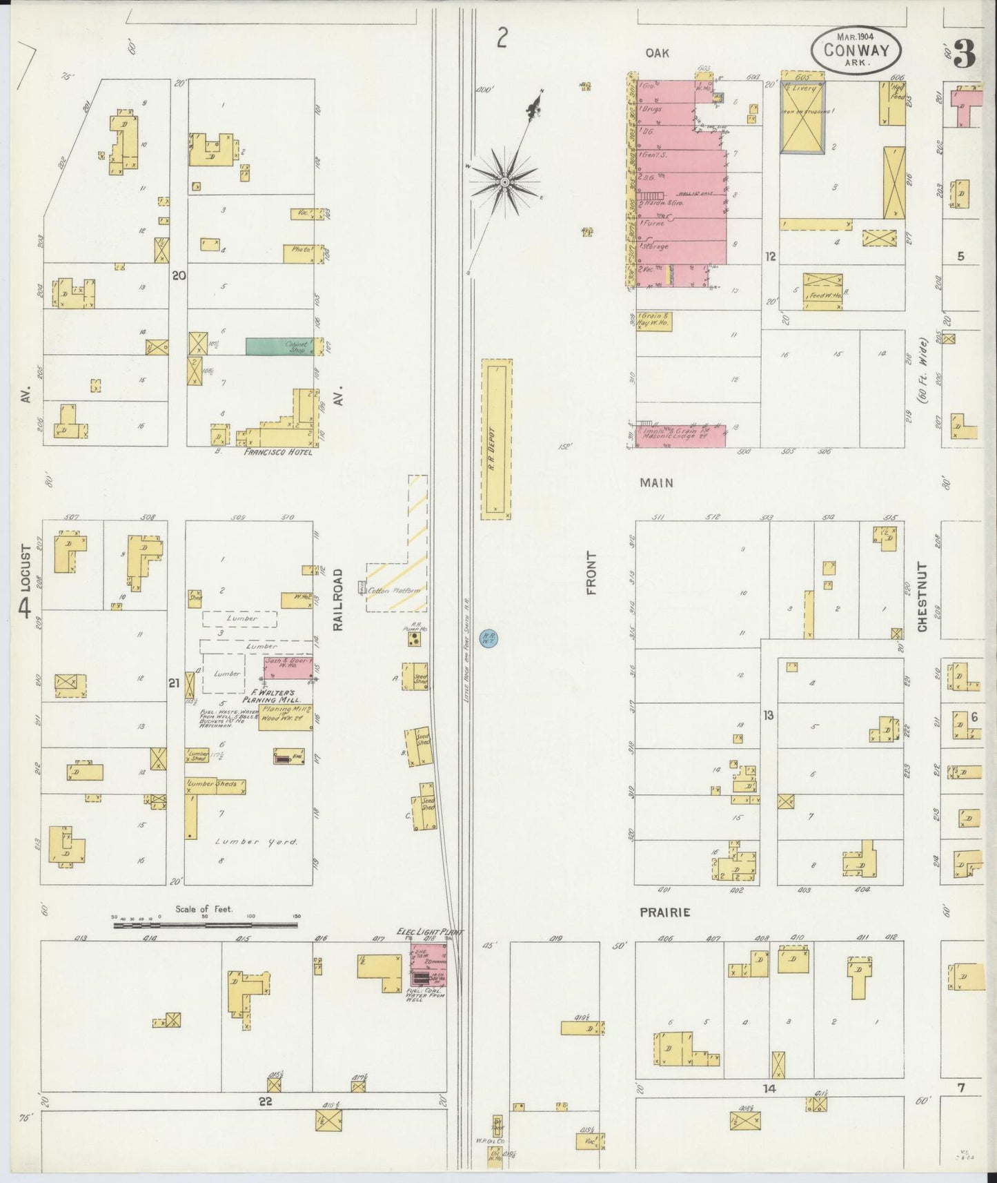 Sanborn Fire Insurance Map from Conway, Faulkner County, Arkansas (1904), Sheet #0003 - Historic Sanborn Fire Insurance Map Print, vintage old map wall art, antique decor, genealogy gift, Arkansas Arkansas map
