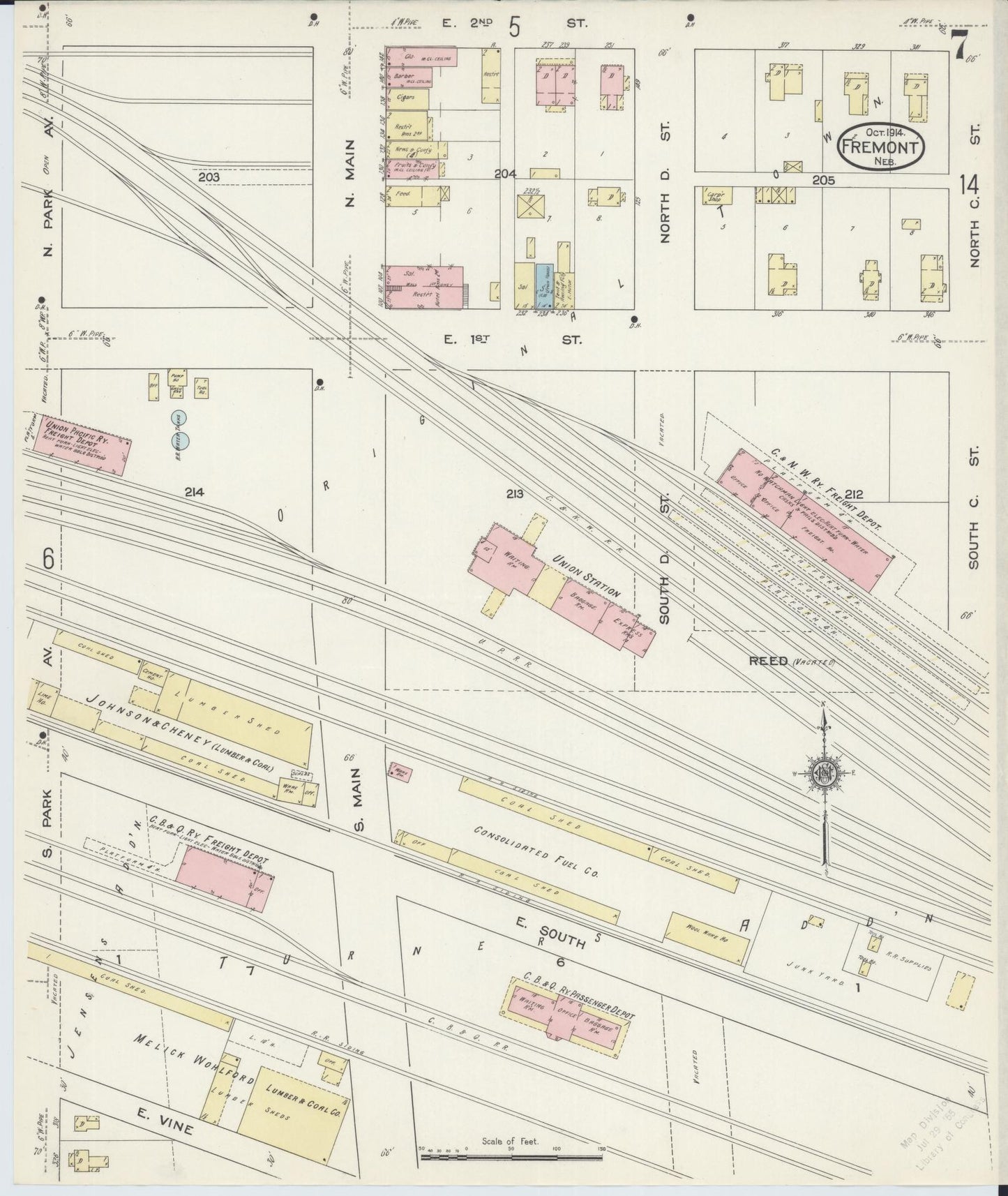 Sanborn Fire Insurance Map from Fremont, Dodge County, Nebraska (1914), Sheet #0007 - Historic Sanborn Fire Insurance Map Print, vintage old map wall art, antique decor, genealogy gift, Nebraska Nebraska map