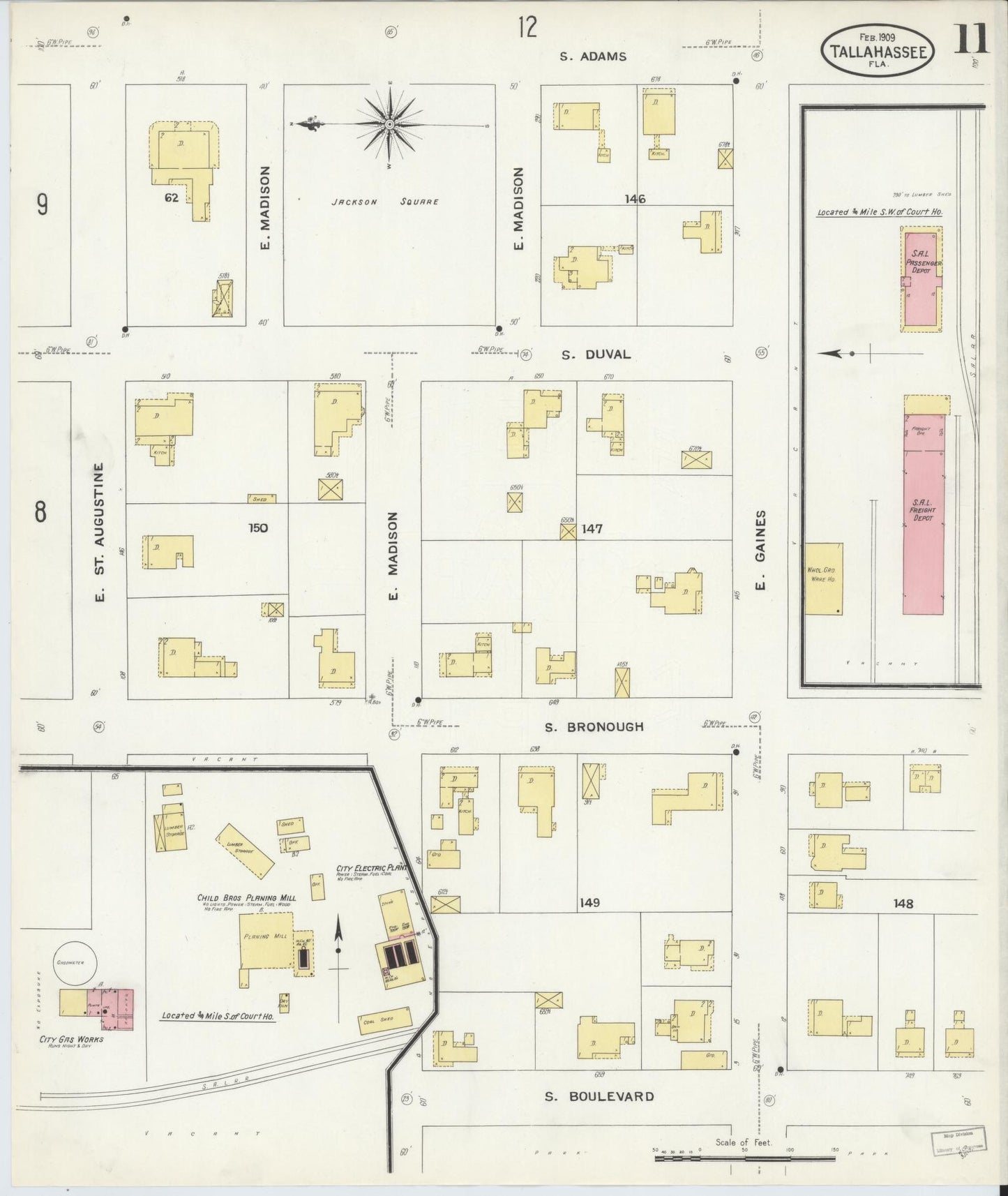 Sanborn Fire Insurance Map from Tallahassee, Leon County, Florida (1909), Sheet #0011 - Historic Sanborn Fire Insurance Map Print, vintage old map wall art, antique decor, genealogy gift, Florida Florida map