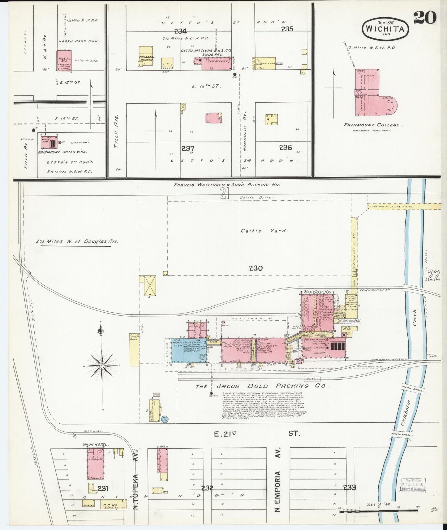 Sanborn Fire Insurance Map from Wichita, Sedgwick County, Kansas (1892), Sheet #0020 - Historic Sanborn Fire Insurance Map Print, vintage old map wall art, antique decor, genealogy gift, Kansas Kansas map