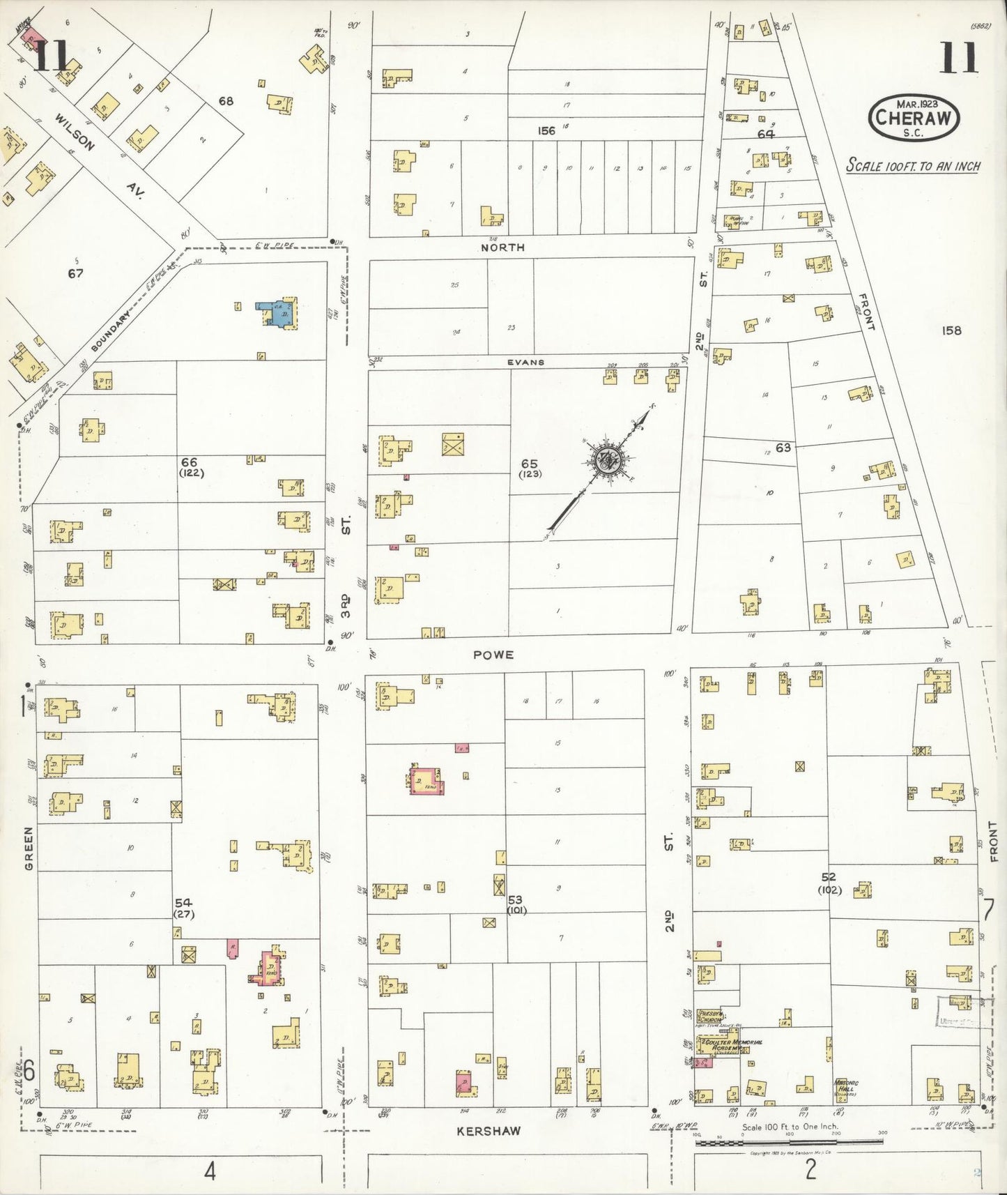 Sanborn Fire Insurance Map from Cheraw, Chesterfield County, South Carolina (1923), Sheet #0011 - Historic Sanborn Fire Insurance Map Print, vintage old map wall art, antique decor, genealogy gift, South Carolina South Carolina map
