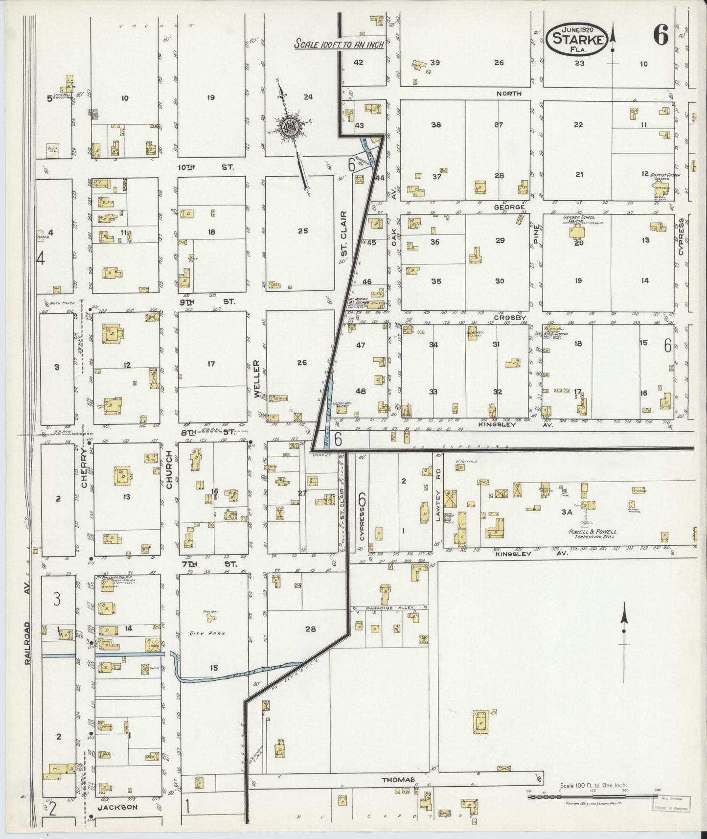 Sanborn Fire Insurance Map from Starke, Bradford County, Florida (1920), Sheet #0006 - Complete Map Set gallery image, historic Sanborn map, vintage wall art, Florida Florida