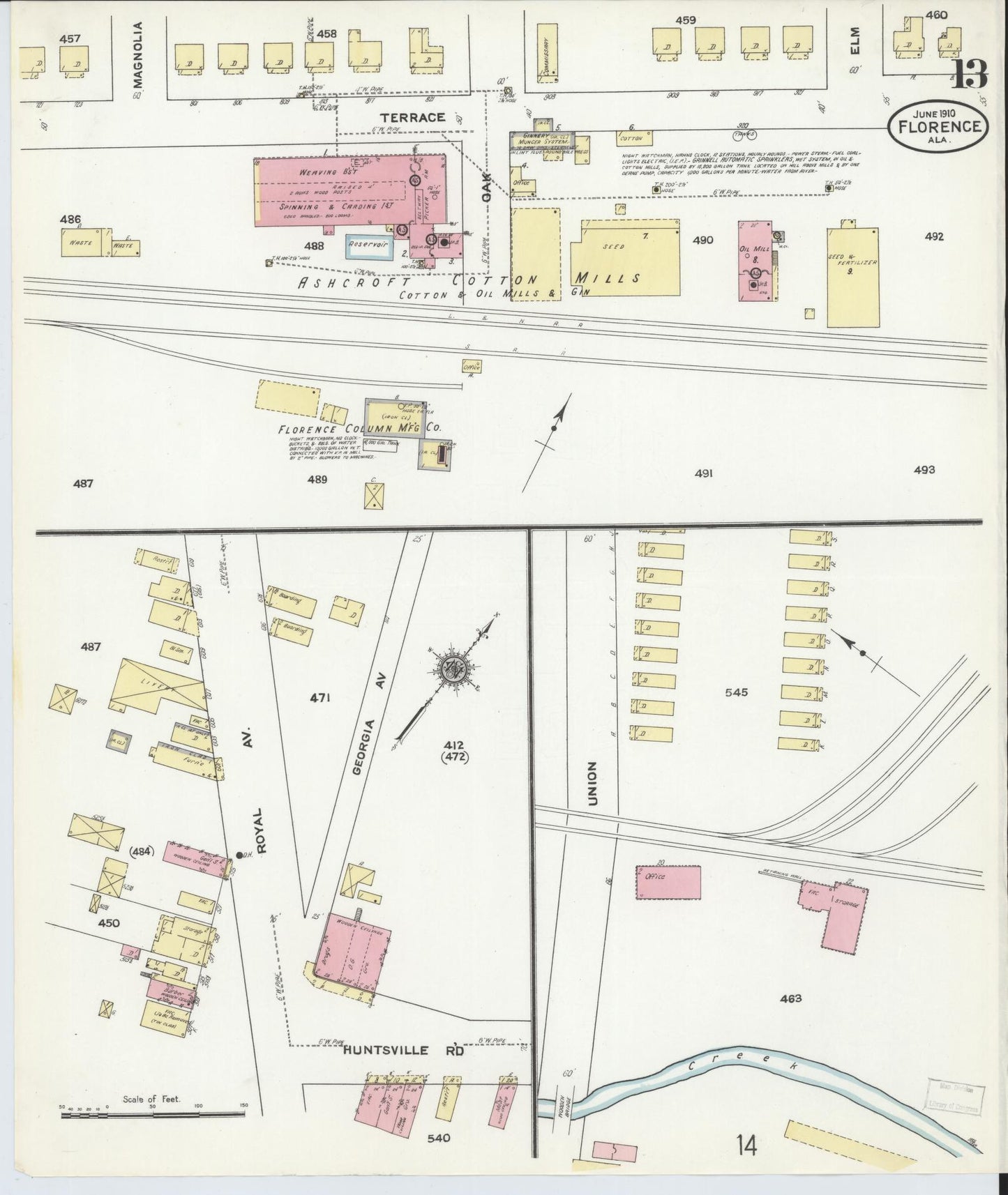 Sanborn Fire Insurance Map from Florence, Lauderdale County, Alabama (1910), Sheet #0013 - Historic Sanborn Fire Insurance Map Print, vintage old map wall art, antique decor, genealogy gift, Alabama Alabama map