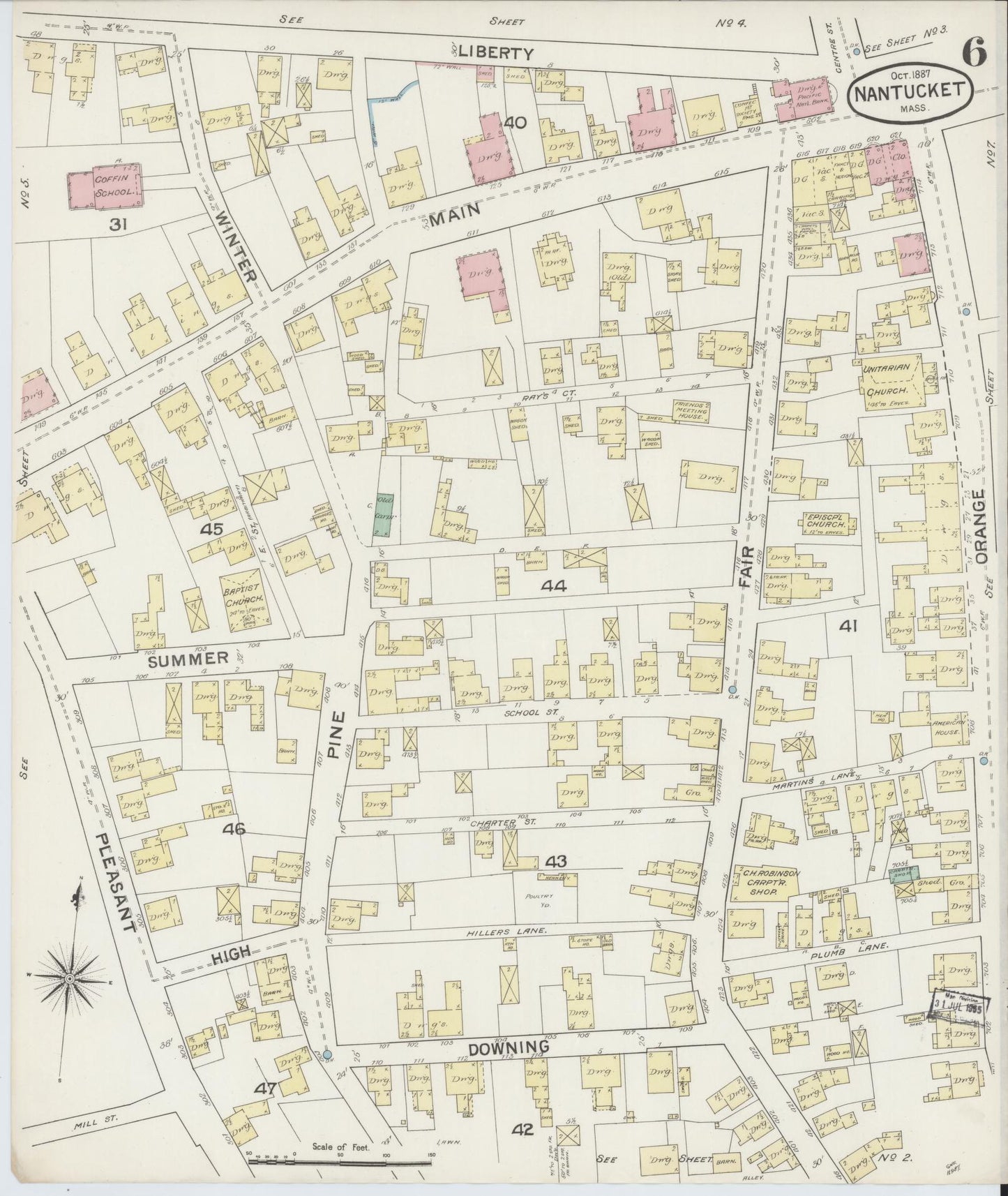 Sanborn Fire Insurance Map from Nantucket, Nantucket County, Massachusetts (1887), Sheet #0006 - Historic Sanborn Fire Insurance Map Print, vintage old map wall art, antique decor, genealogy gift, Massachusetts Massachusetts map