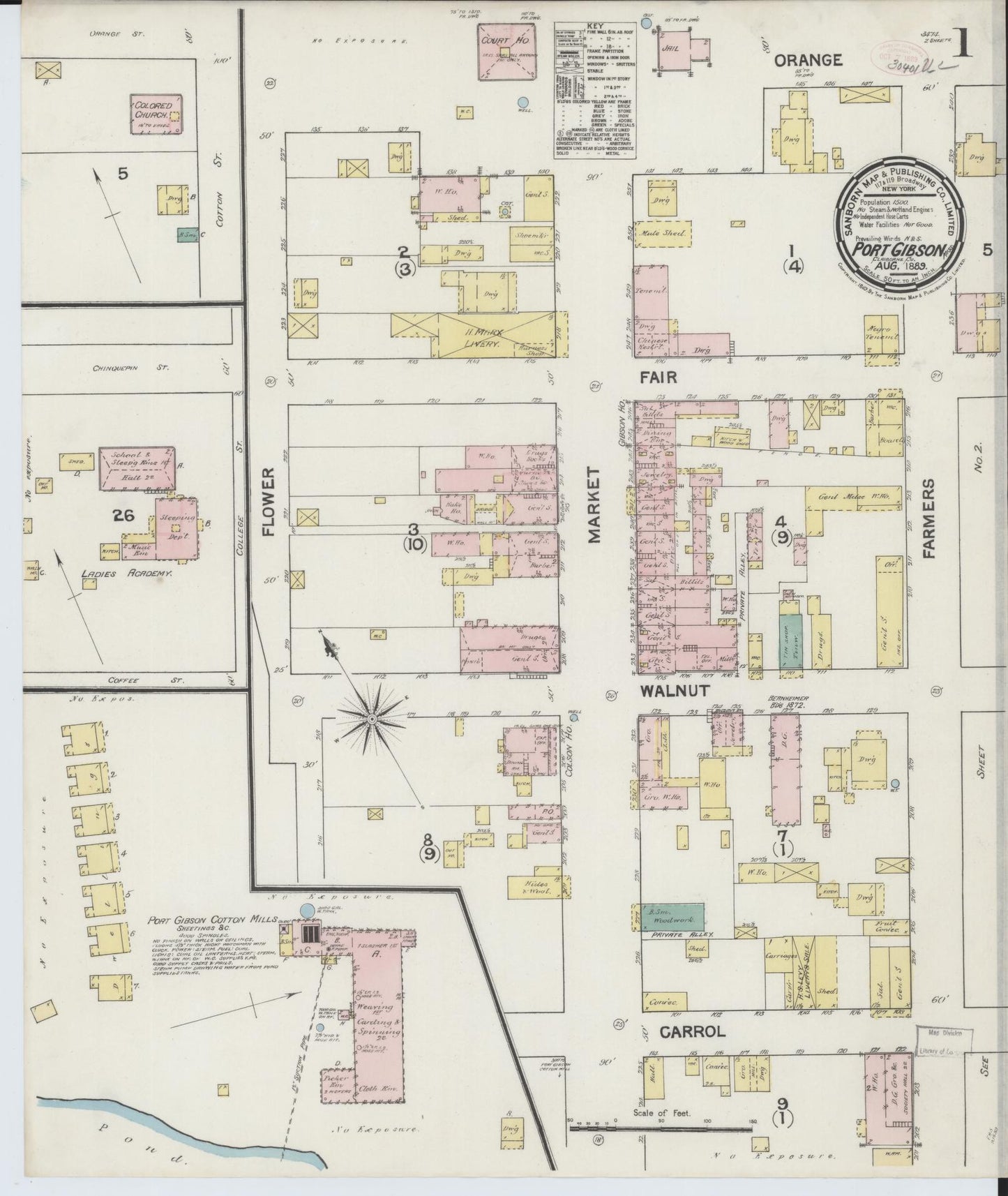 Sanborn Fire Insurance Map from Port Gibson, Claiborne County, Mississippi (1889), Sheet #0001 - Historic Sanborn Fire Insurance Map Print, vintage old map wall art, antique decor, genealogy gift, Mississippi Mississippi map
