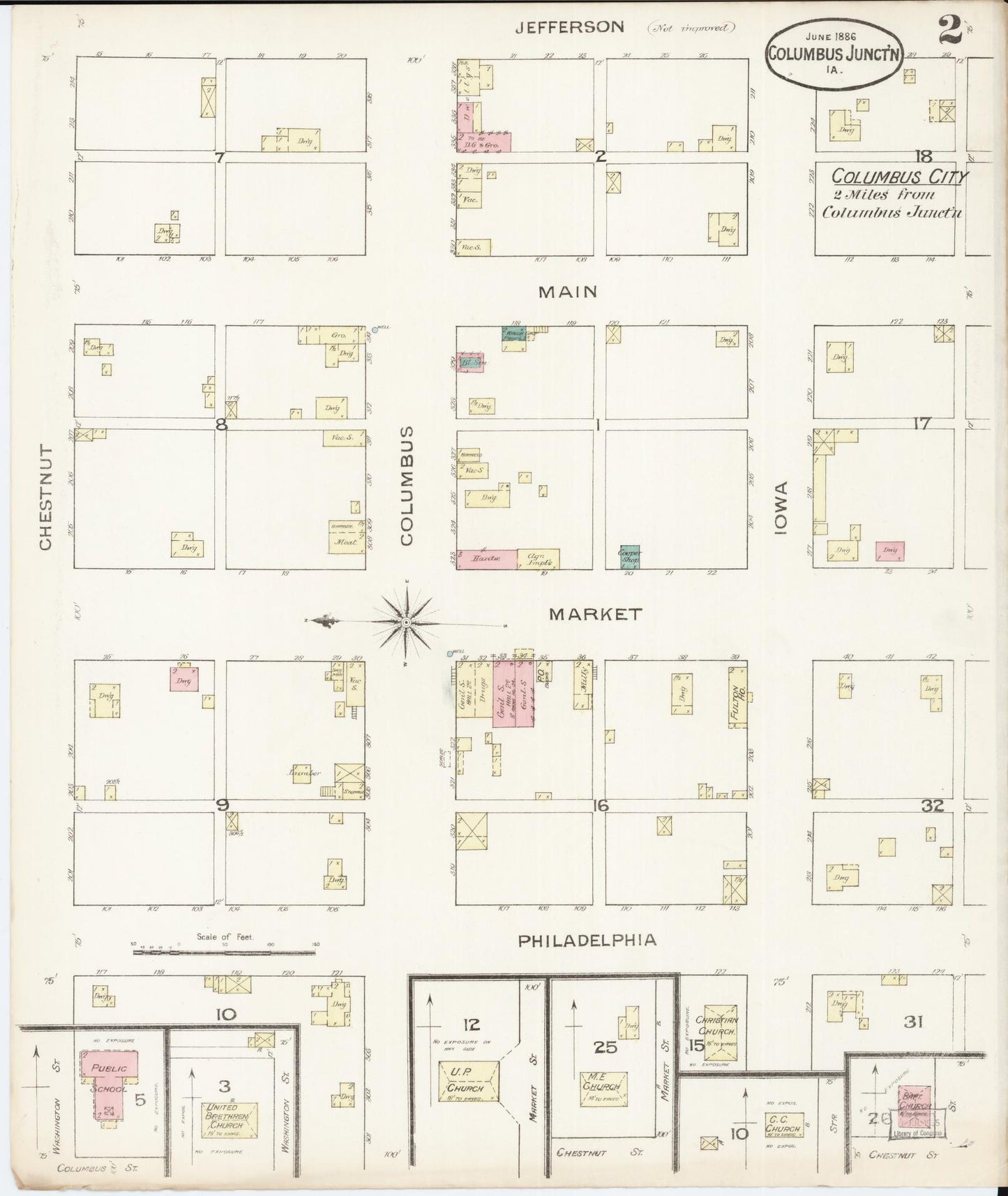 Sanborn Fire Insurance Map from Columbus Junction, Louisa County, Iowa (1886), Sheet #0002 - Historic Sanborn Fire Insurance Map Print, vintage old map wall art