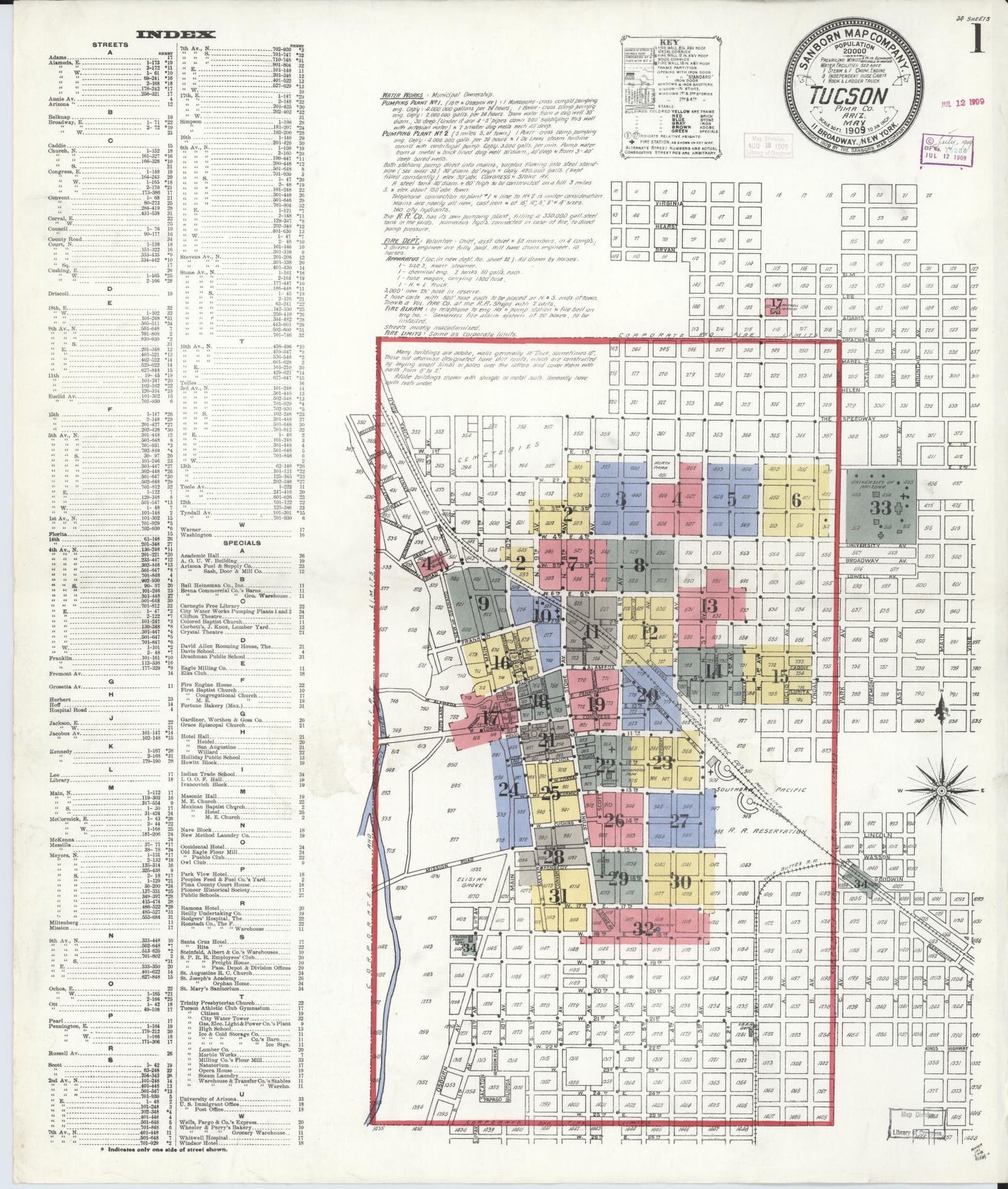 Sanborn Fire Insurance Map from Tucson, Pima County, Arizona (1909), Sheet #0001 - Historic Sanborn Fire Insurance Map Print, vintage old map wall art, antique decor, genealogy gift, Arizona Arizona map