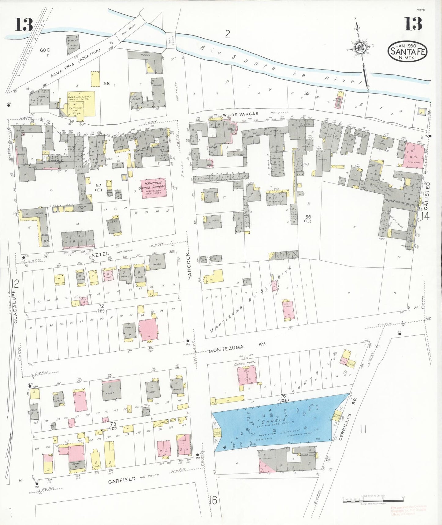 Sanborn Fire Insurance Map from Santa Fe, Santa Fe County, New Mexico (1930), Sheet #0013 - Historic Sanborn Fire Insurance Map Print, vintage old map wall art, antique decor, genealogy gift, New Mexico New Mexico map