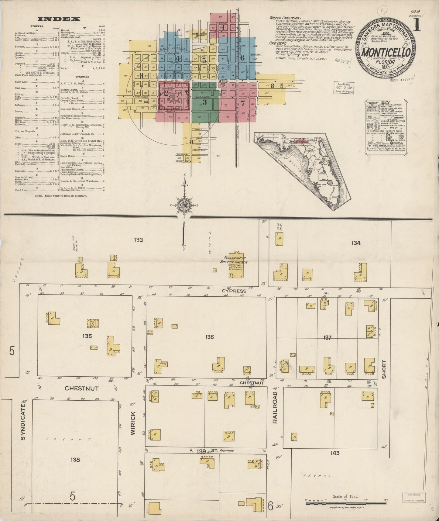 Sanborn Fire Insurance Map from Monticello, Jefferson County, Florida (1922), Sheet #0001 - Historic Sanborn Fire Insurance Map Print, vintage old map wall art, antique decor, genealogy gift, Florida Florida map