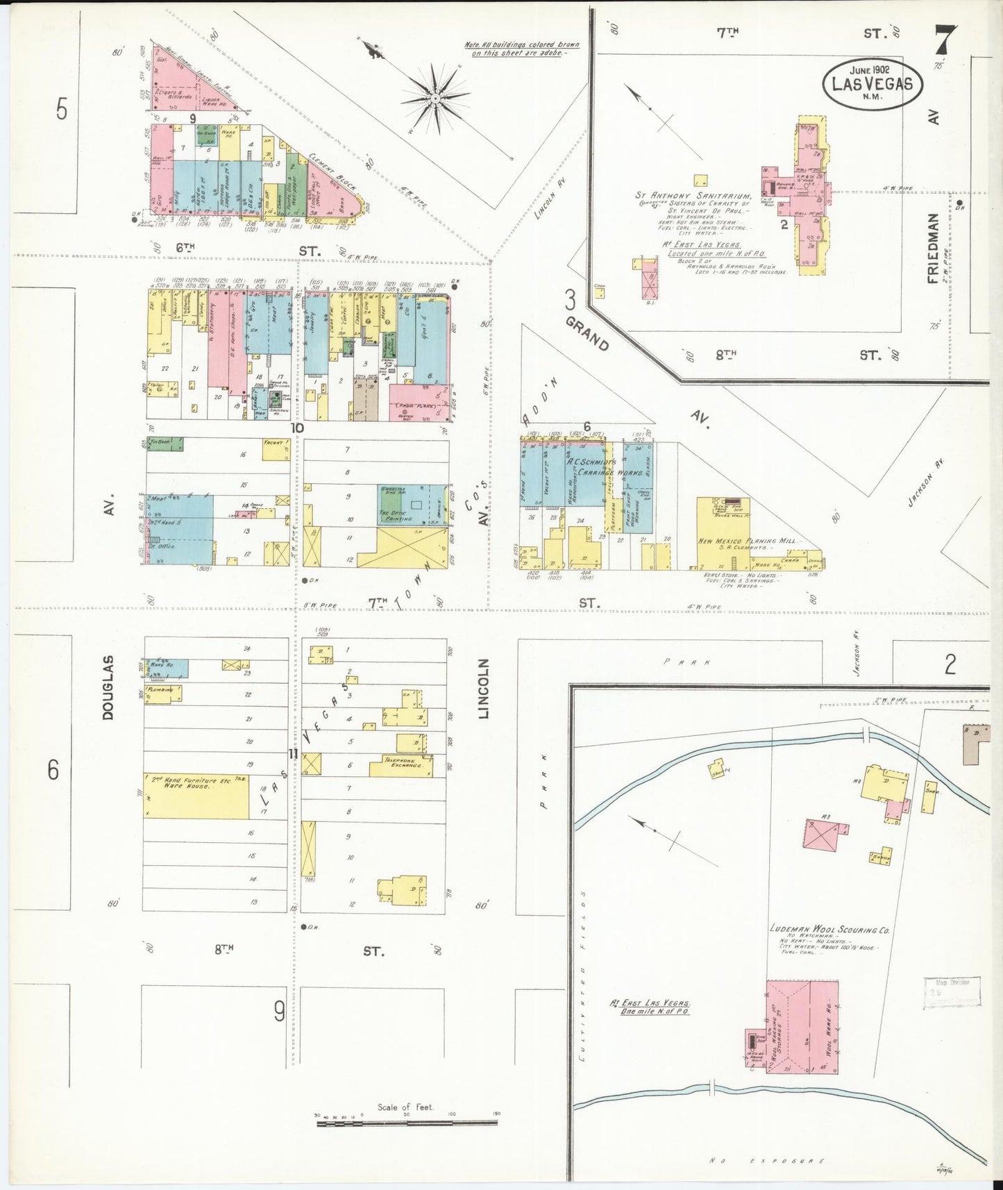 Sanborn Fire Insurance Map from Las Vegas, San Miguel County, New Mexico (1902), Sheet #0007 - Historic Sanborn Fire Insurance Map Print, vintage old map wall art, antique decor, genealogy gift, New Mexico New Mexico map