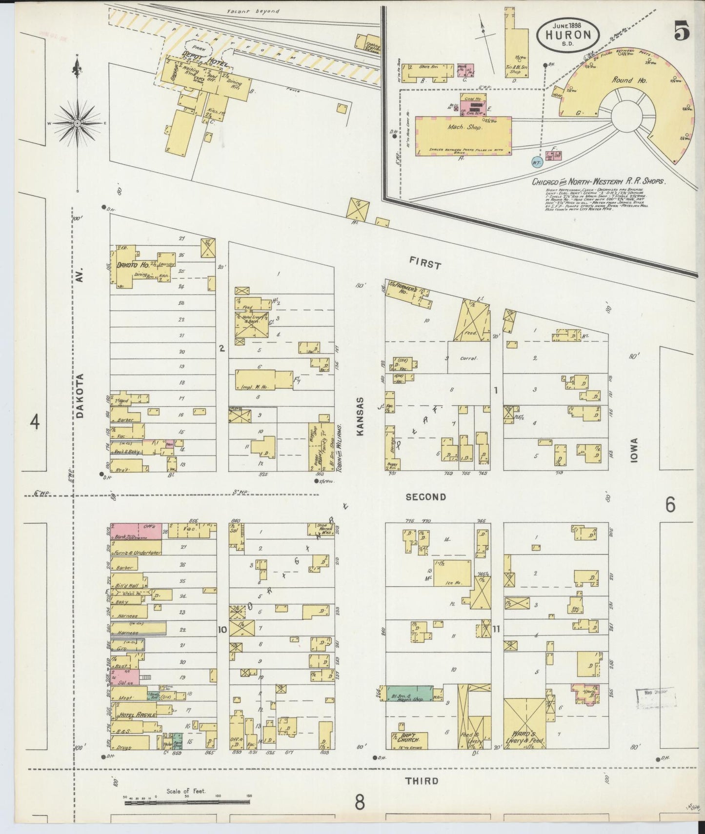 Sanborn Fire Insurance Map from Huron, Beadle County, South Dakota (1898), Sheet #0005 - Historic Sanborn Fire Insurance Map Print, vintage old map wall art, antique decor, genealogy gift, South Dakota South Dakota map