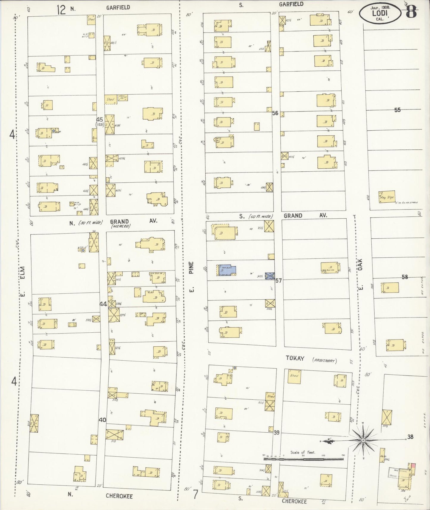 Sanborn Fire Insurance Map from Lodi, San Joaquin County, California (1908), Sheet #0008 - Historic Sanborn Fire Insurance Map Print, vintage old map wall art, antique decor, genealogy gift, California California map