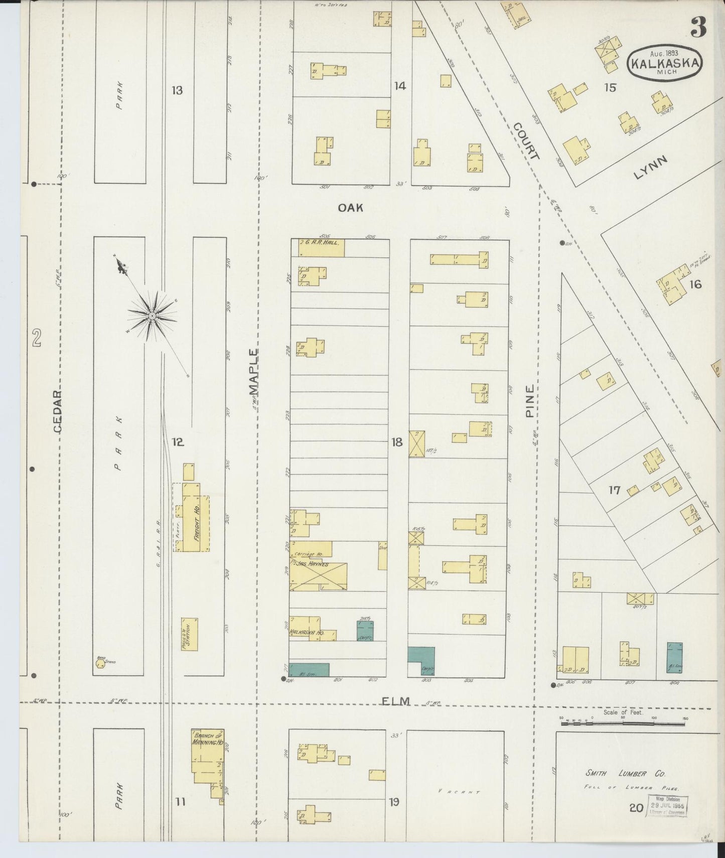 Sanborn Fire Insurance Map from Kalkaska, Kalkaska County, Michigan (1893), Sheet #0003 - Complete Map Set gallery image, historic Sanborn map, vintage wall art, Michigan Michigan