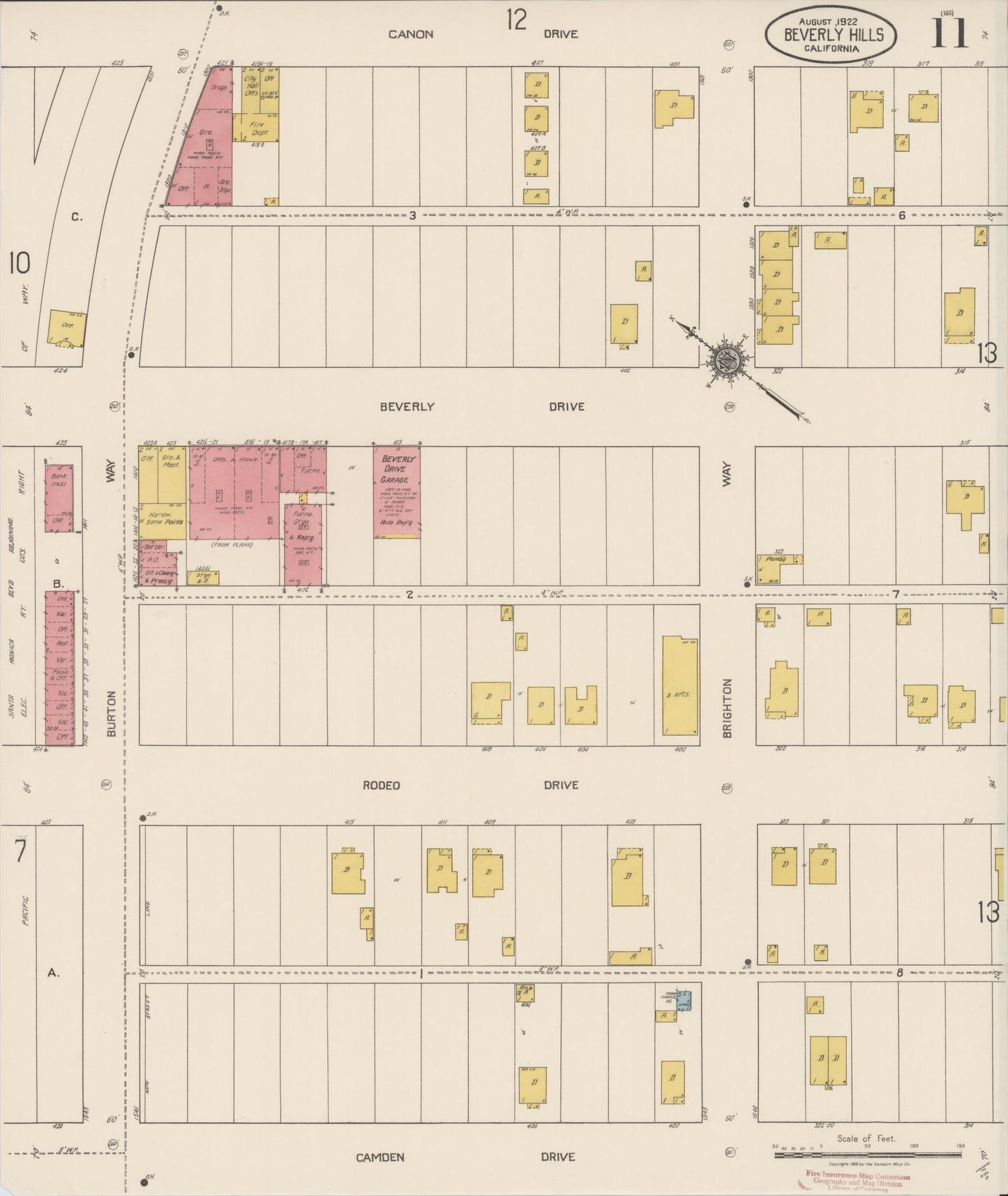 Sanborn Fire Insurance Map from Beverly Hills, Los Angeles County, California (1922), Sheet #0011 - Historic Sanborn Fire Insurance Map Print, vintage old map wall art, antique decor, genealogy gift, California California map