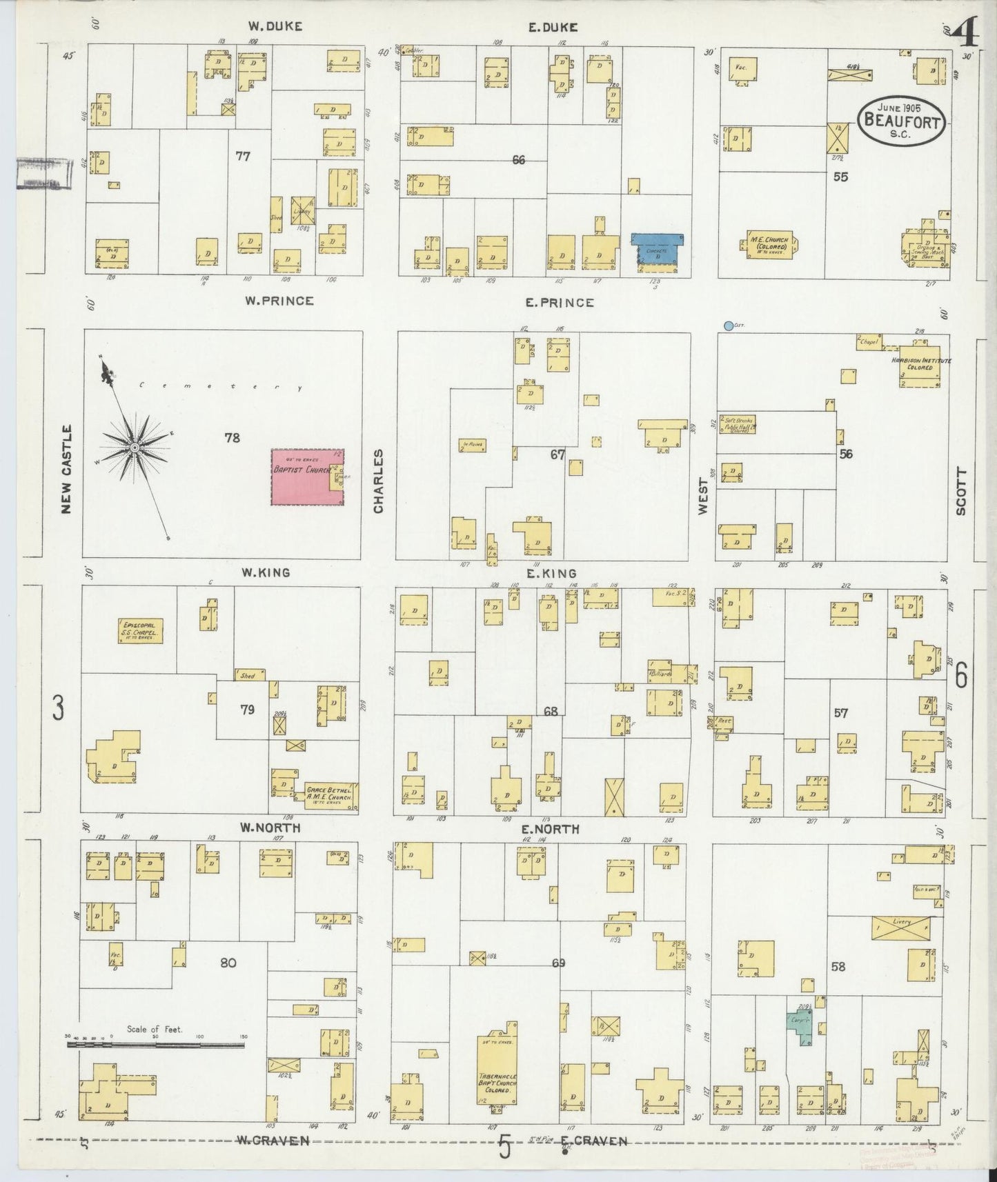 Sanborn Fire Insurance Map from Beaufort, Beaufort County, South Carolina (1905), Sheet #0004 - Historic Sanborn Fire Insurance Map Print, vintage old map wall art, antique decor, genealogy gift, South Carolina South Carolina map