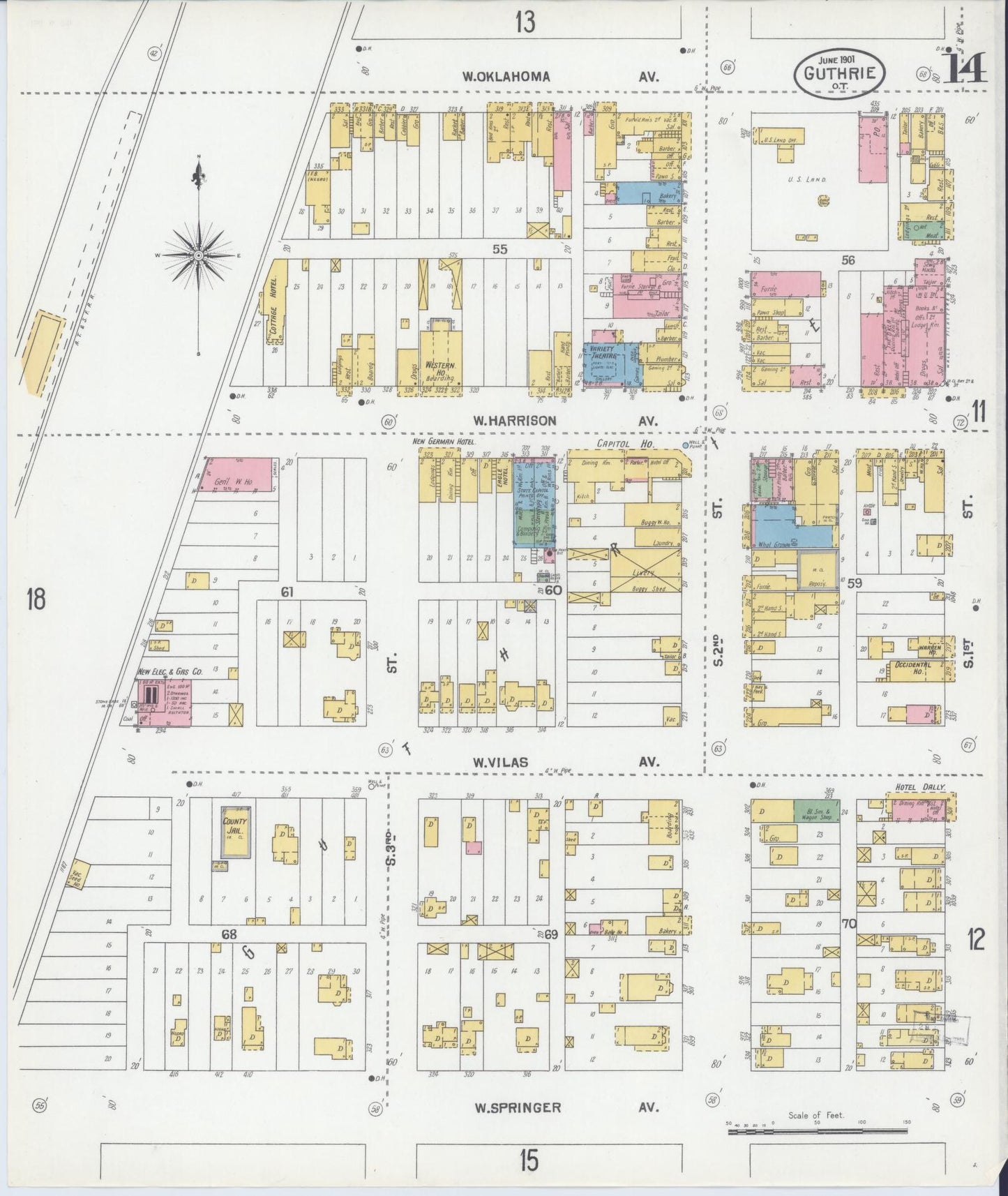 Sanborn Fire Insurance Map from Guthrie, Logan County, Oklahoma (1901), Sheet #0014 - Historic Sanborn Fire Insurance Map Print, vintage old map wall art, antique decor, genealogy gift, Oklahoma Oklahoma map